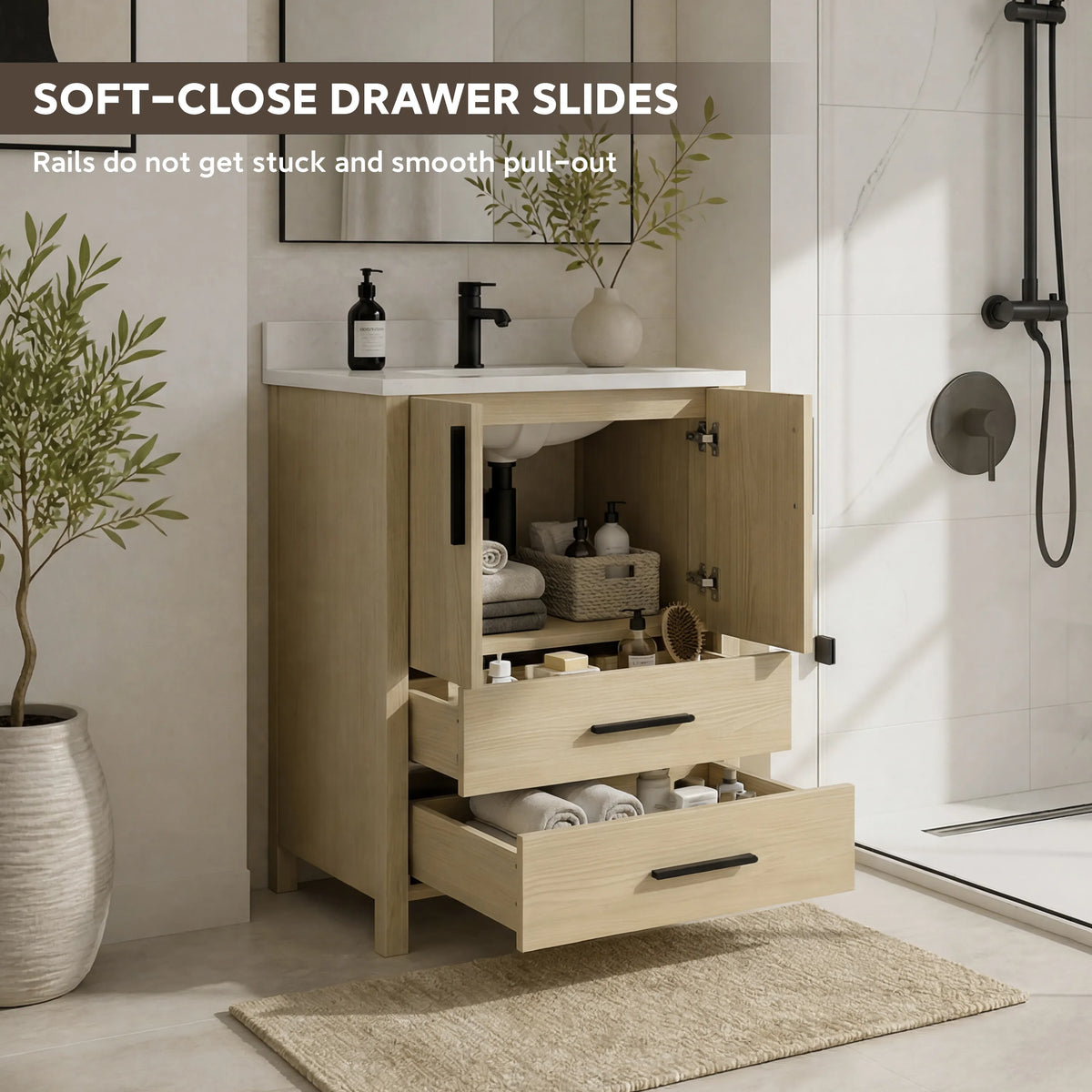 24"/36" Single Sink Bathroom Vanity with Light Natural Wood & Marble Top