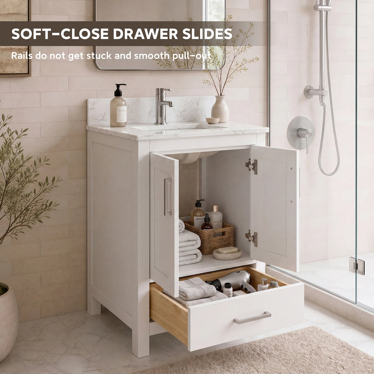 24" Freestanding Single Sink Bathroom Vanity with Solid Wood Frame & Engineered Stone Top
