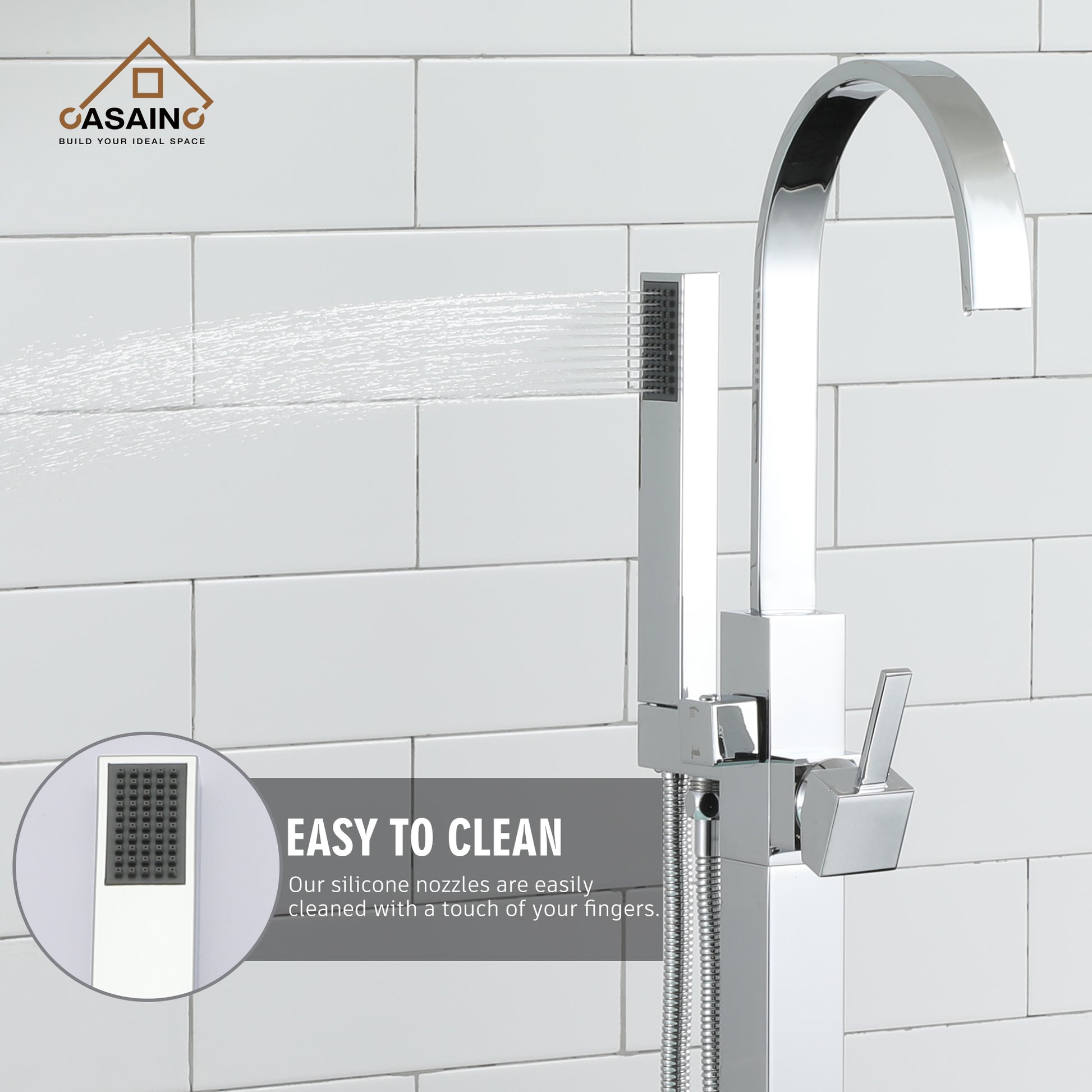 Floor Mount High Arc Bathtub Faucet with Ceramic Filter and Hand Shower