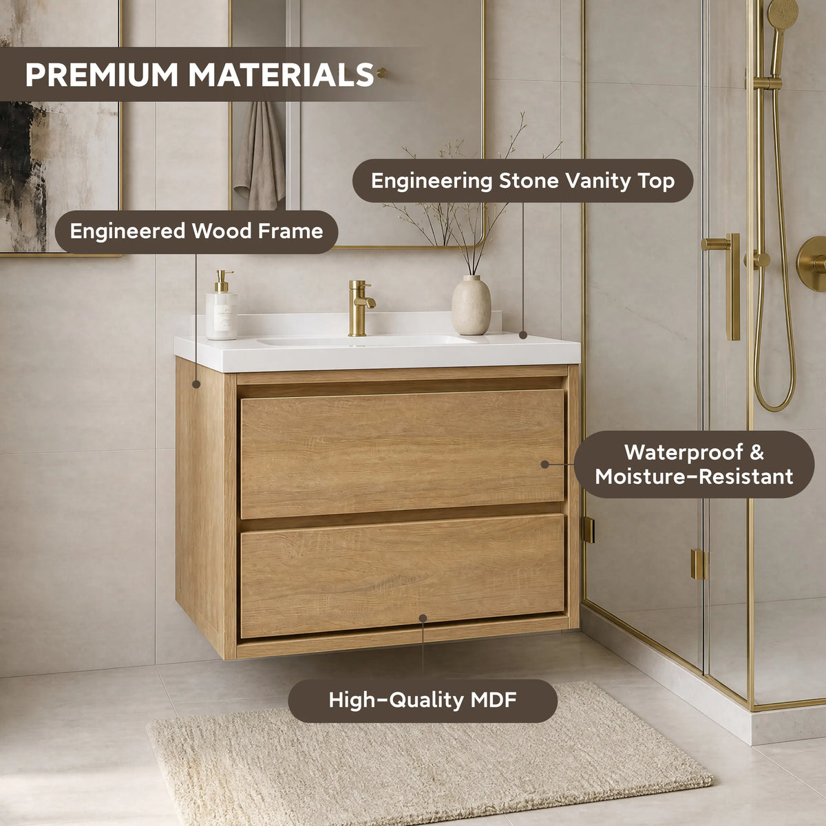 30" Wall-mount Single Sink Bathroom Vanity with Marble Top