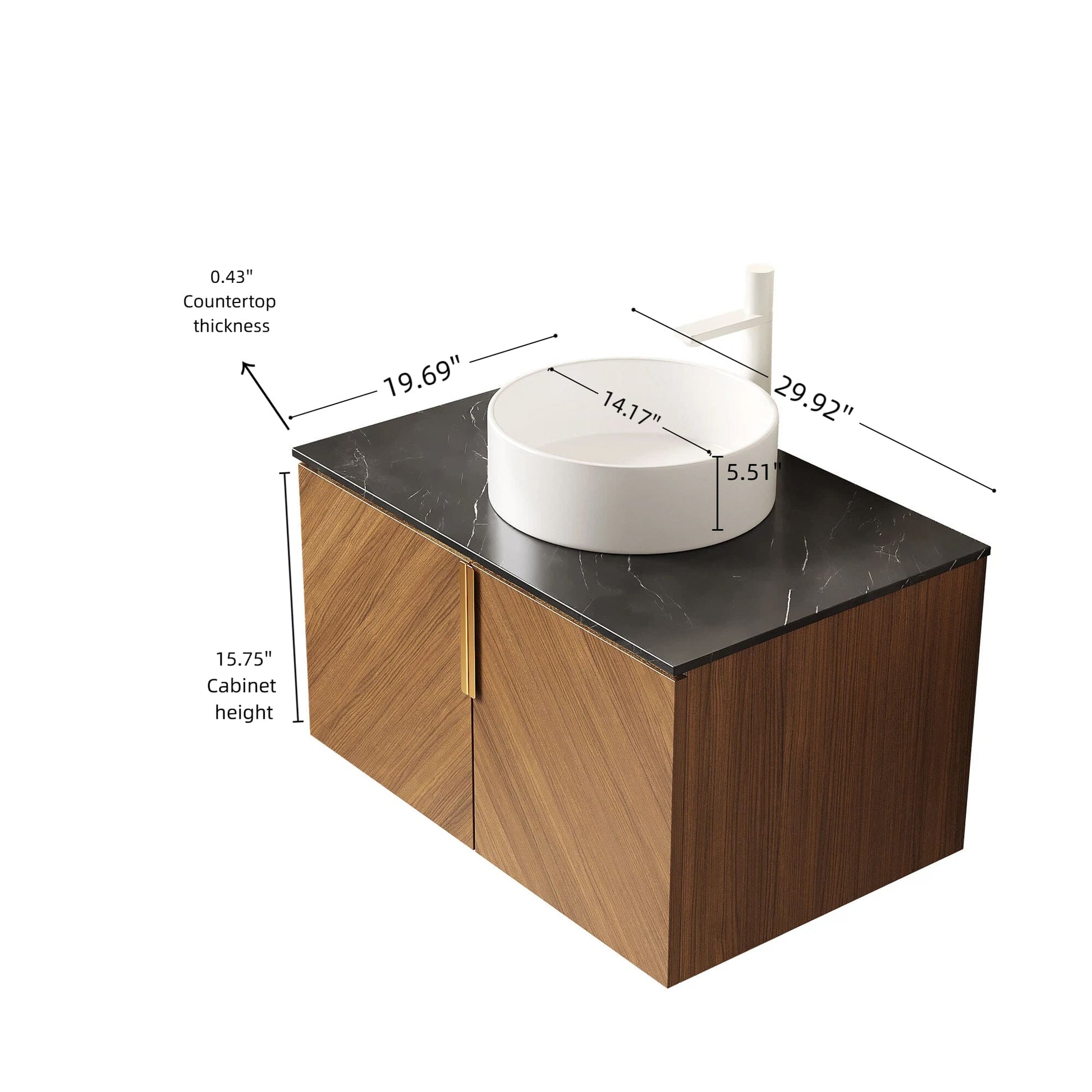 30 in. / 60 in. Floating Bathroom Vanity with Black Sintered Stone Top and Round Ceramic Vessel Sink, Brown Oak Woodgrain