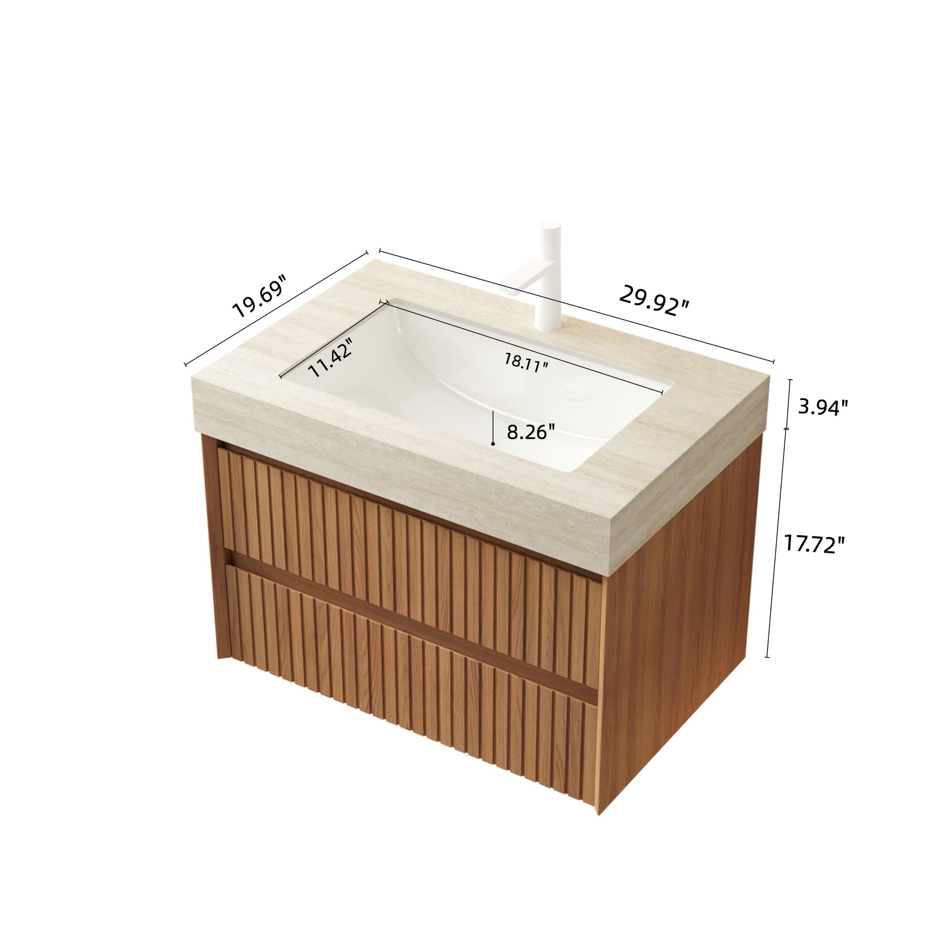 30 in. Floating Bathroom Vanity with 2 Drawers, Travertine-Pattern Sintered Stone Top and Ceramic Undermount Sink, Brown Oak Woodgrain