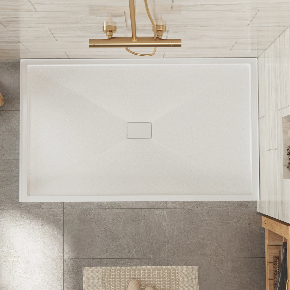 36"-60"x30"-36" White SMC Shower Base with Flamed Rock Slip-Resistant Surface, Center Drain