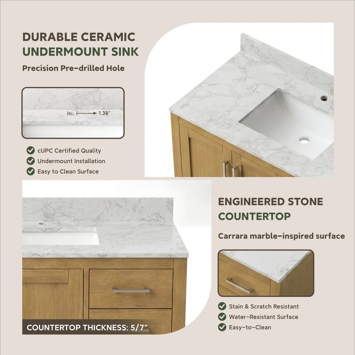 42"/55"/60"/72"/84" Warm Oak Freestanding Bathroom Vanity with Solid Wood Construction