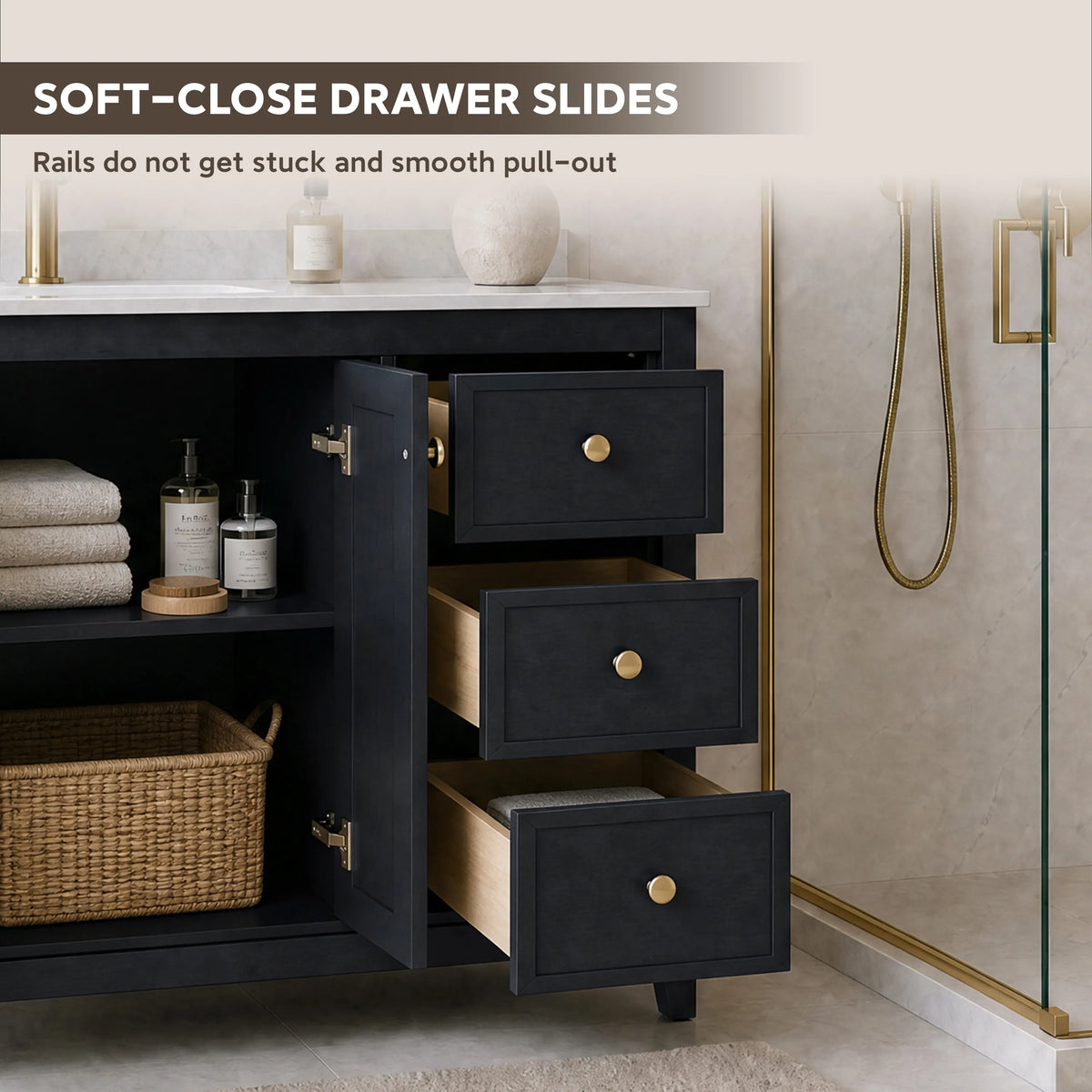 42" Matte Black Bathroom Vanity with Single Sink & Marble Top