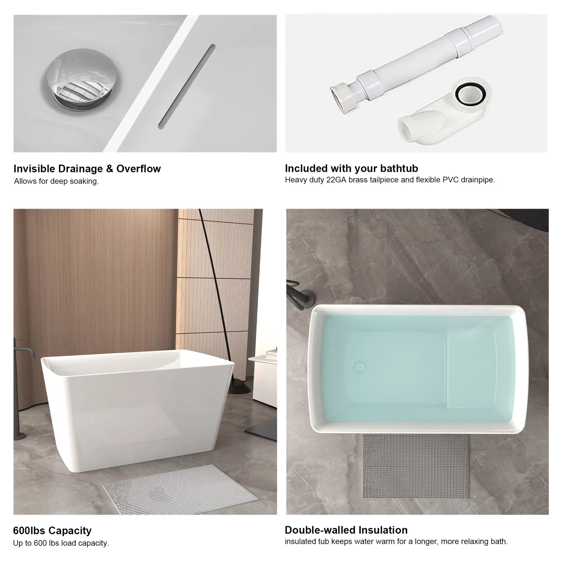 47" Gloss White Acrylic Freestanding Bathtub with Built-In Seat, Invisible Overflow and Chrome Pop-Up Drain