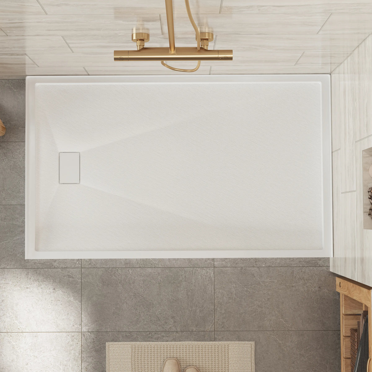 48"/60"x30"-36" White SMC Shower Base with Flamed Rock Slip-Resistant Surface, Left/Right Drain