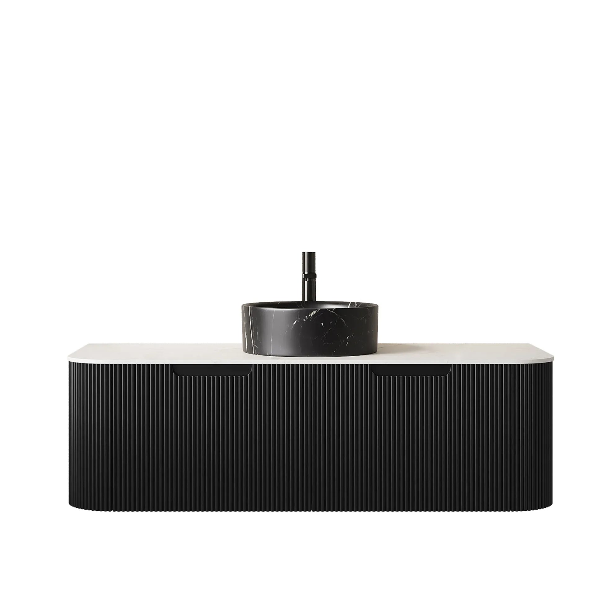 48" Black Floating Bathroom Vanity with Stone-Pattern Ceramic Vessel Sink and Carrara White Sintered Stone Top