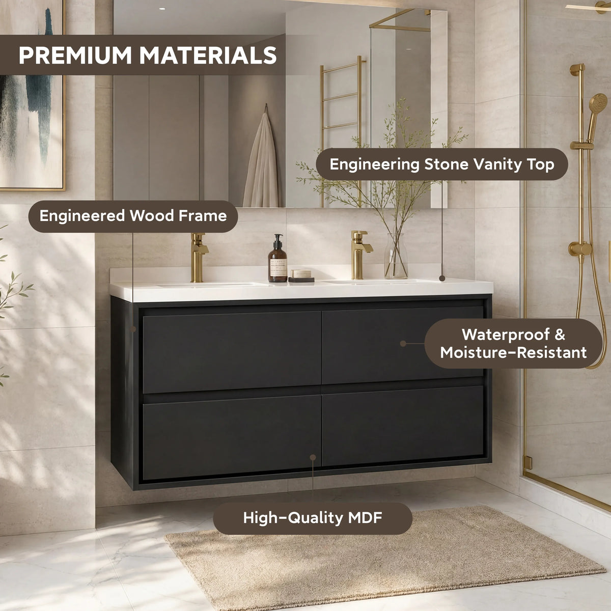 48" Matte Black Wall-mount Bathroom Vanity with Double Sink & Marble Top