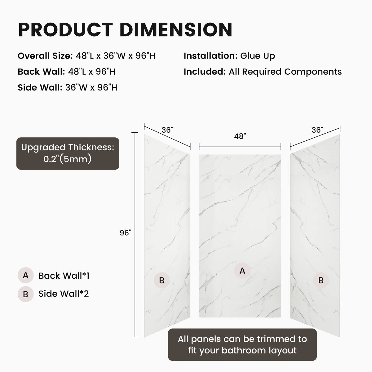 48"x36"x96" Calacatta/Cararra White SMC Shower Wall Panel System, Waterproof Grout-Free Shower Surround
