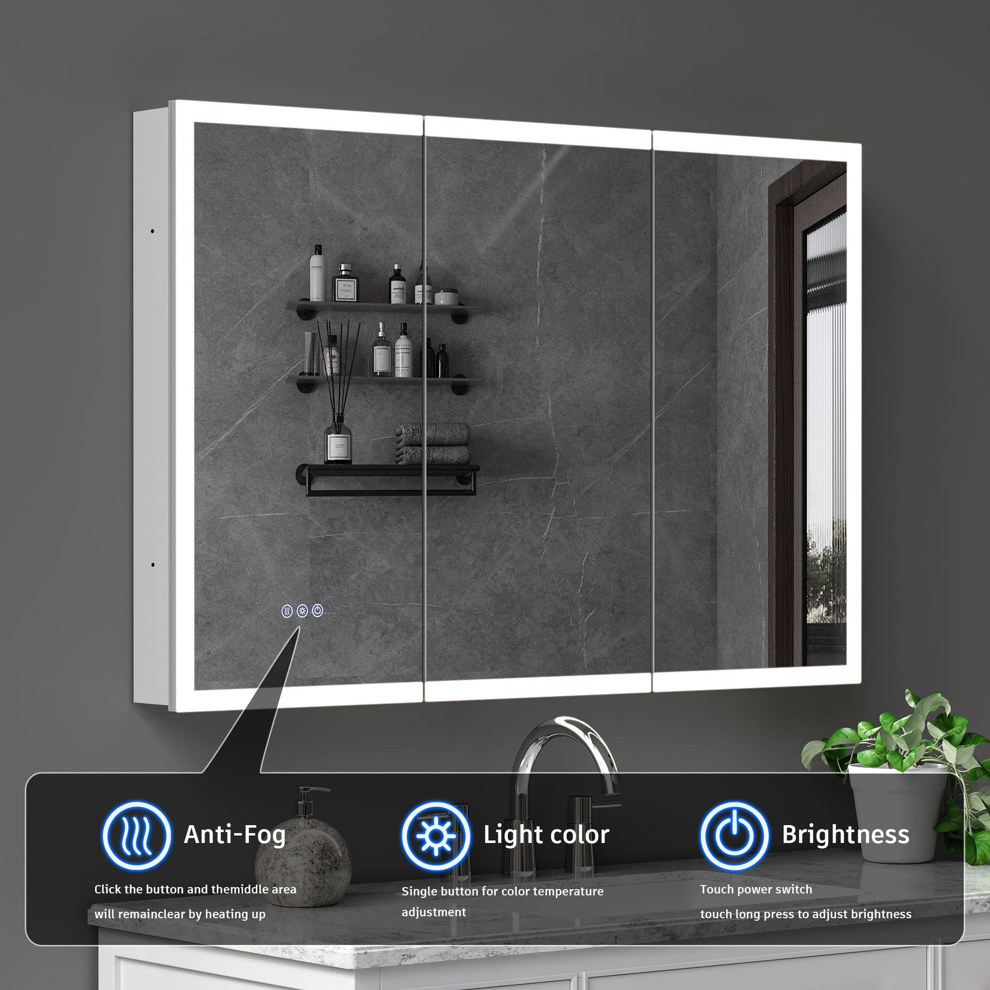 48" x 32" Aluminum Medicine Cabinet with LED Mirror, Anti-Fog, 3 Color Temperatures