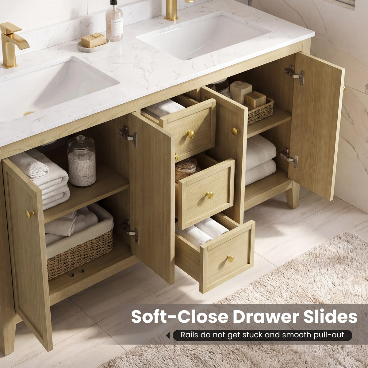 54" Light Oak Freestanding Bathroom Vanity with Double Sink & Marble Top