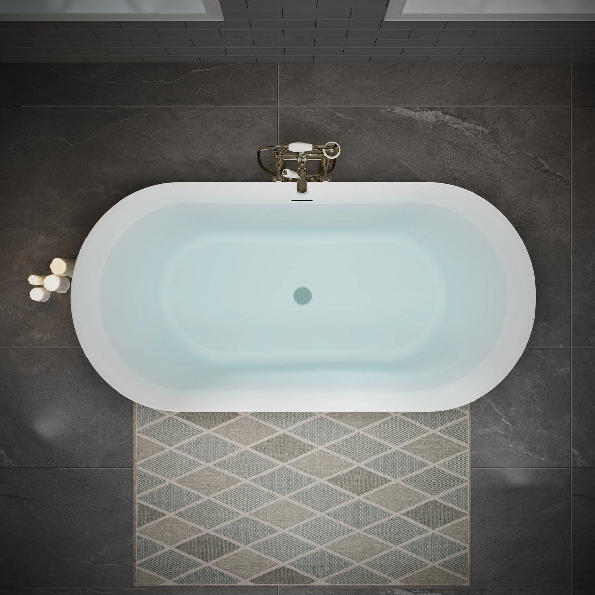 55"/59"/63" Glossy White Acrylic Freestanding Oval Soaking Bathtub with Center Pop-Up Drain and Integrated Overflow