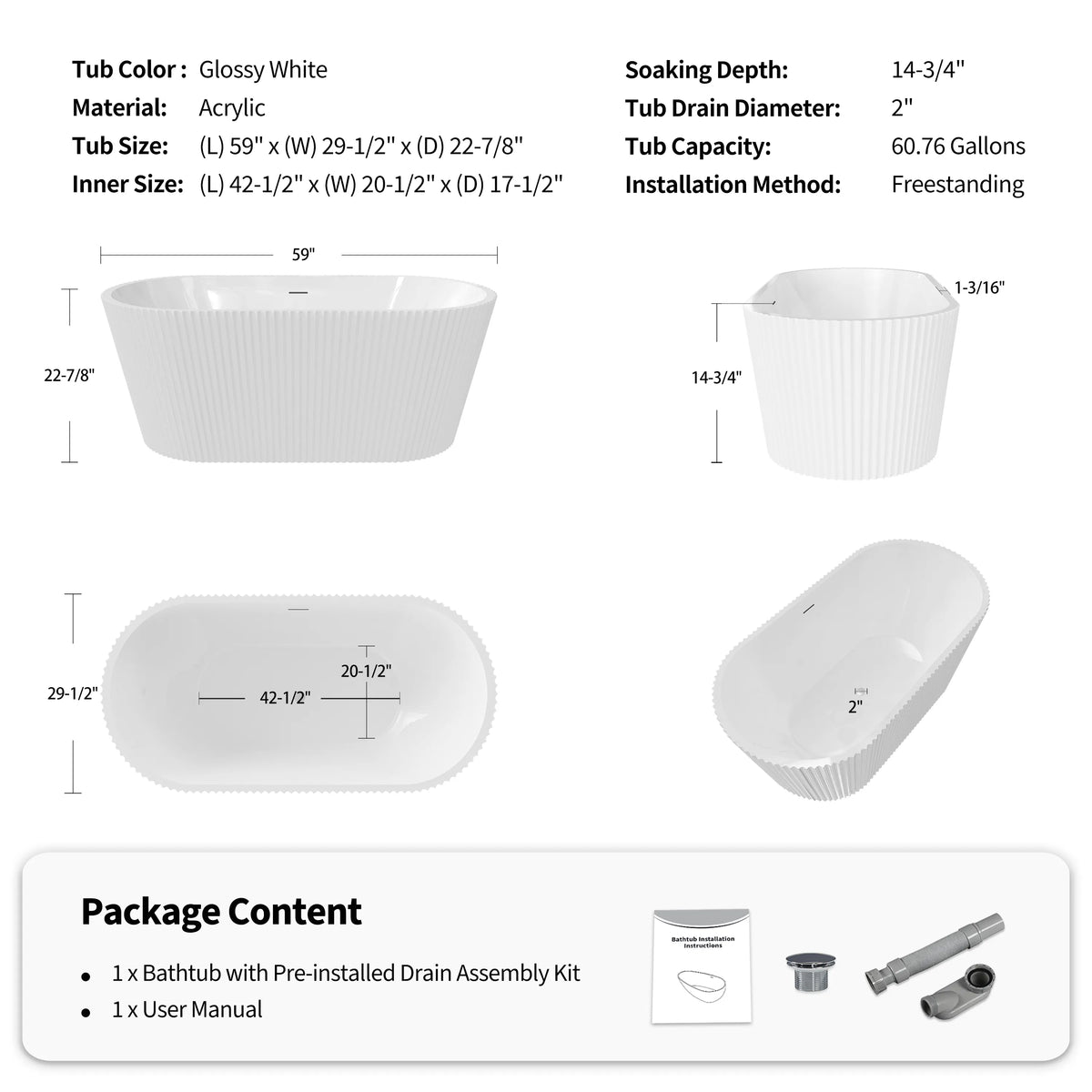59"/67" Gloss White Acrylic Freestanding Bathtub with Fluted Oval Design