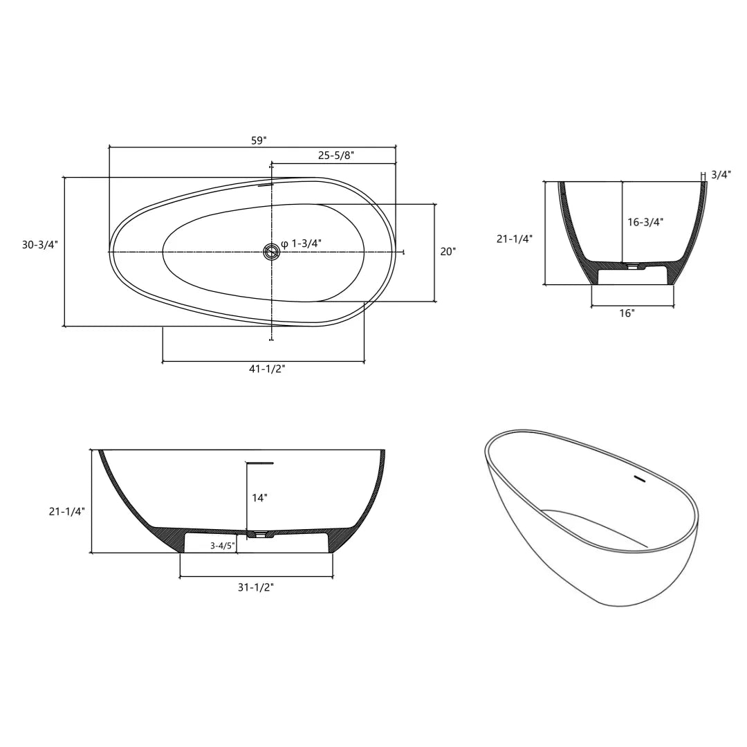 59" Matte White Egg-Shaped Stone Resin Freestanding Soaking Tub, cUPC Certified
