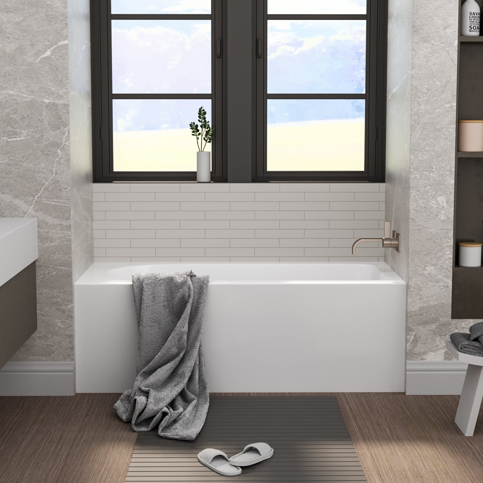 59 in. Glossy White Acrylic Alcove Soaking Bathtub with Integrated Skirt, Chrome Twist Drain and Overflow