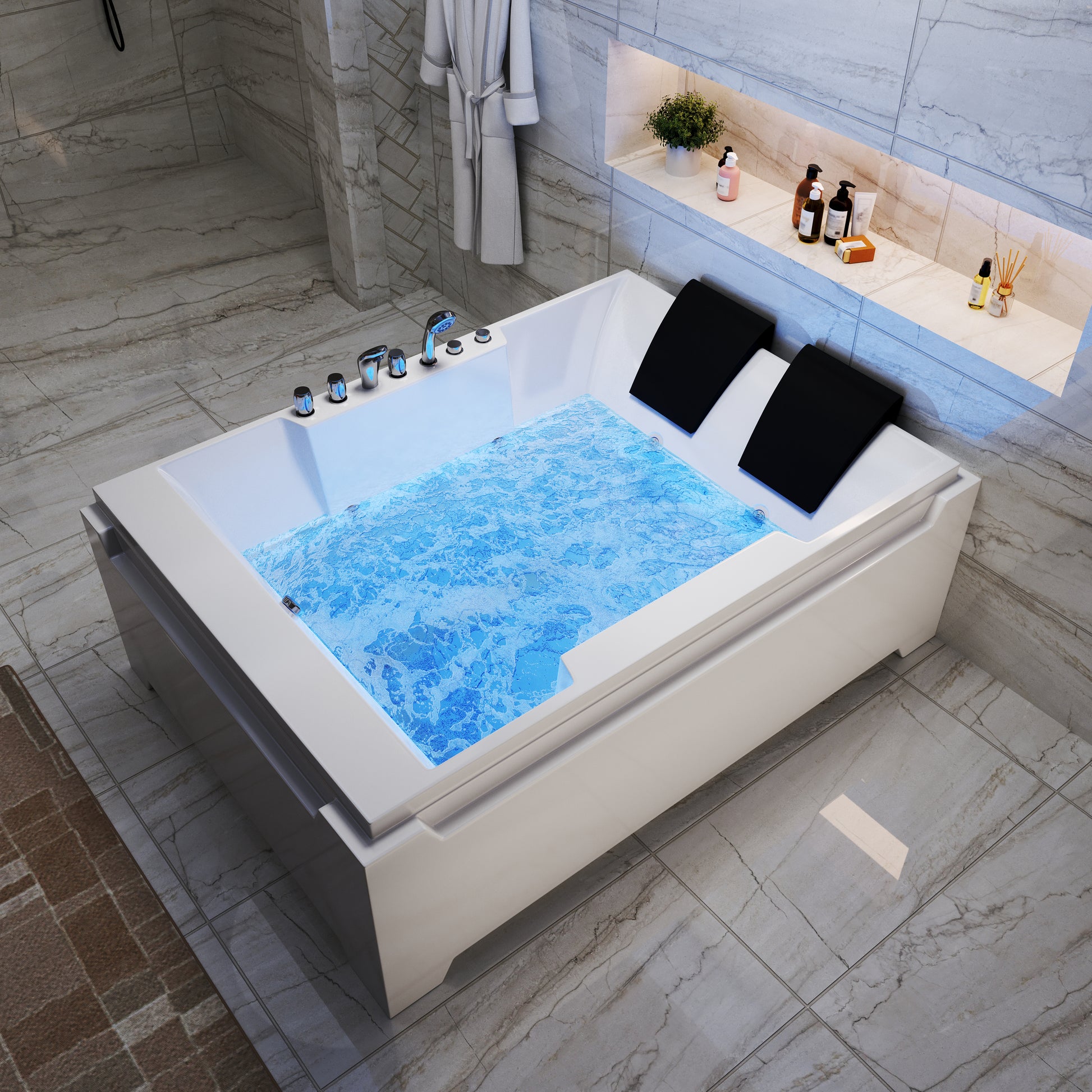 73" Two-Person Whirlpool Tub with Hydro Massage Jets & Chromotherapy Lighting
