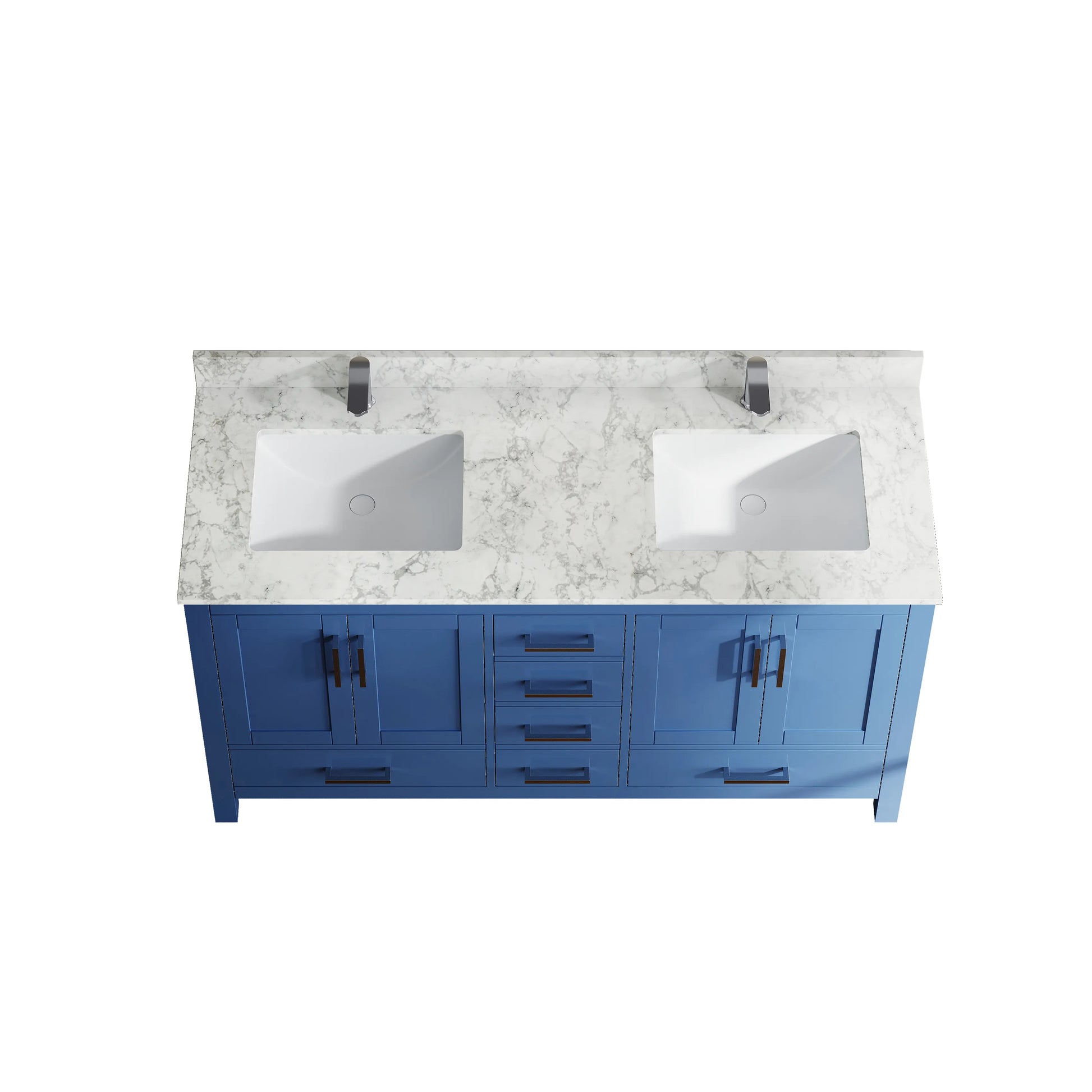 60"/84" Navy Blue Double Sink Bathroom Vanity with White Marble-Pattern Top