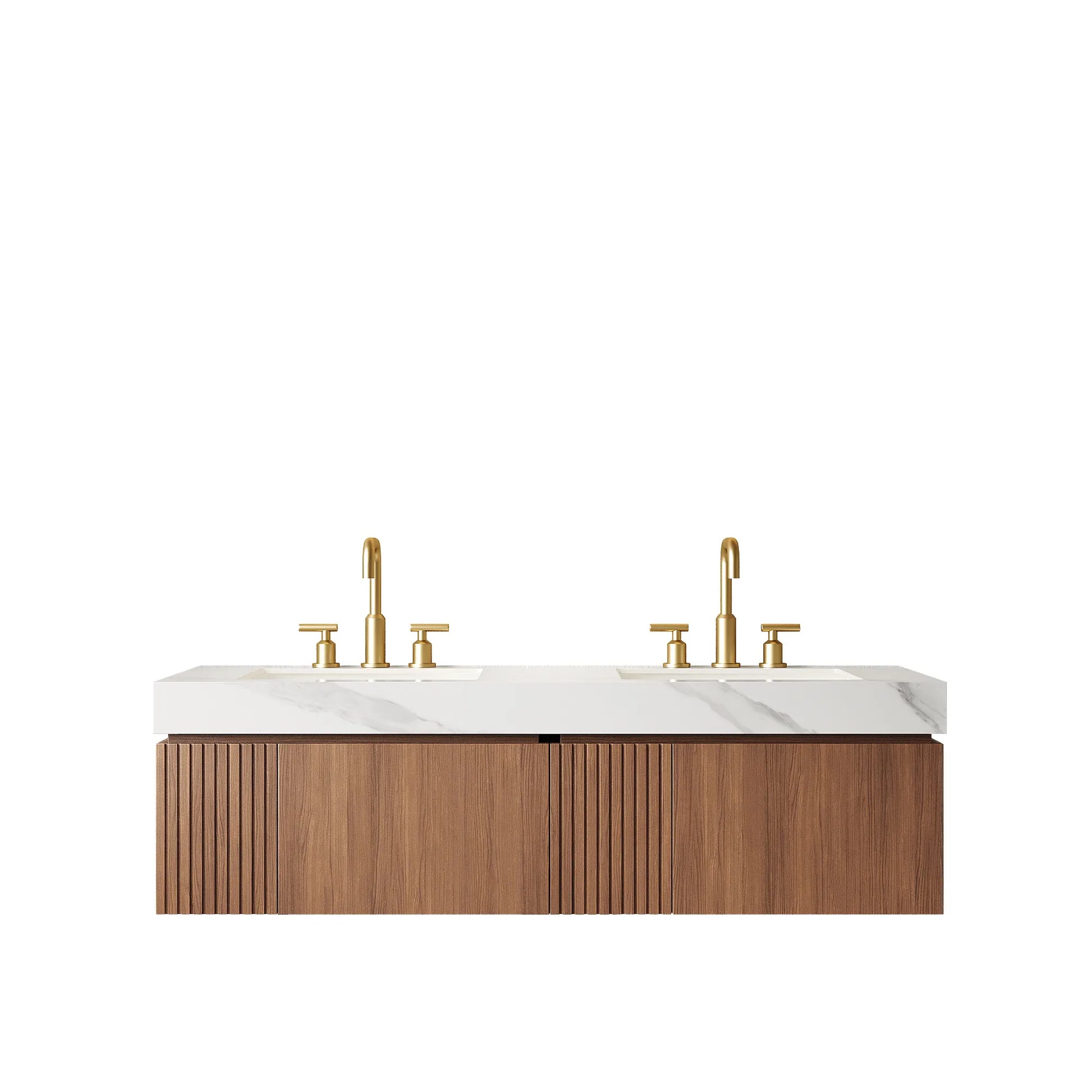 60" Brown Oak Floating Bathroom Vanity with Carrara White Sintered Stone Top and Double Ceramic Sinks