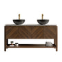 60" Dark Walnut Freestanding Bathroom Vanity with Double Black Stone-Pattern Vessel Sinks and Carrara White Sintered Stone Top