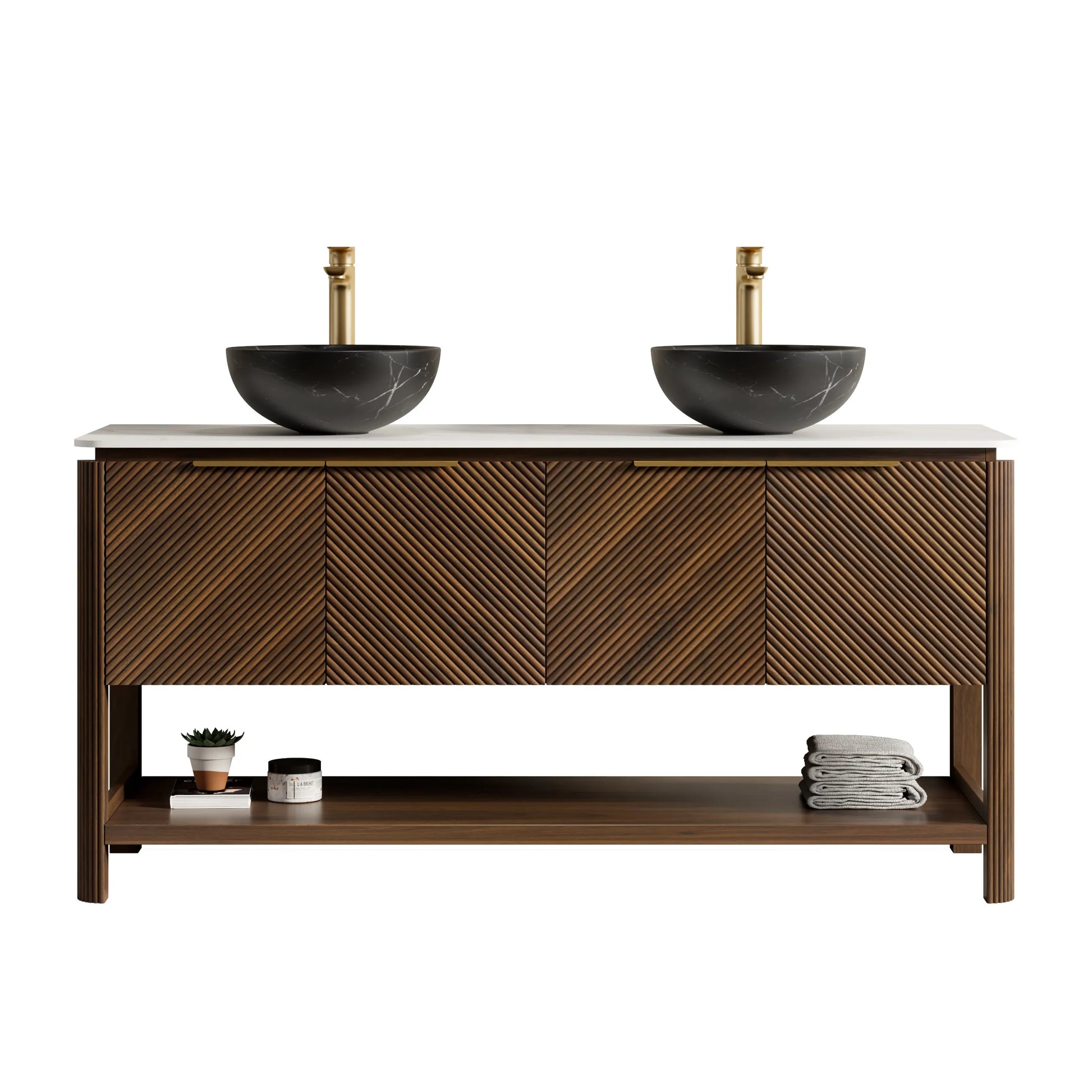 60" Dark Walnut Freestanding Bathroom Vanity with Double Black Stone-Pattern Vessel Sinks and Carrara White Sintered Stone Top