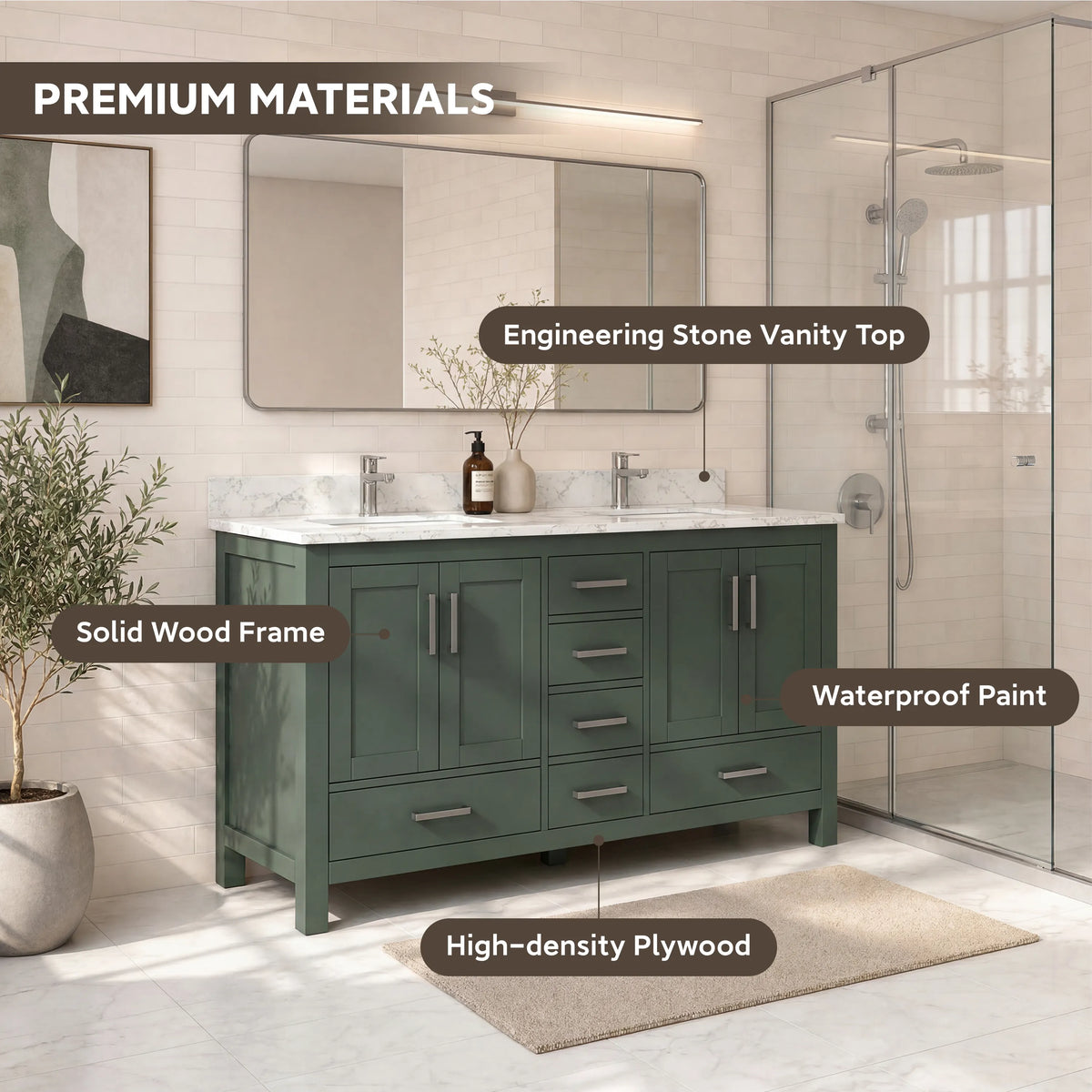 60" Deep Olive Green Double Sink Bathroom Vanity with Engineering Stone Top & 2 Basins
