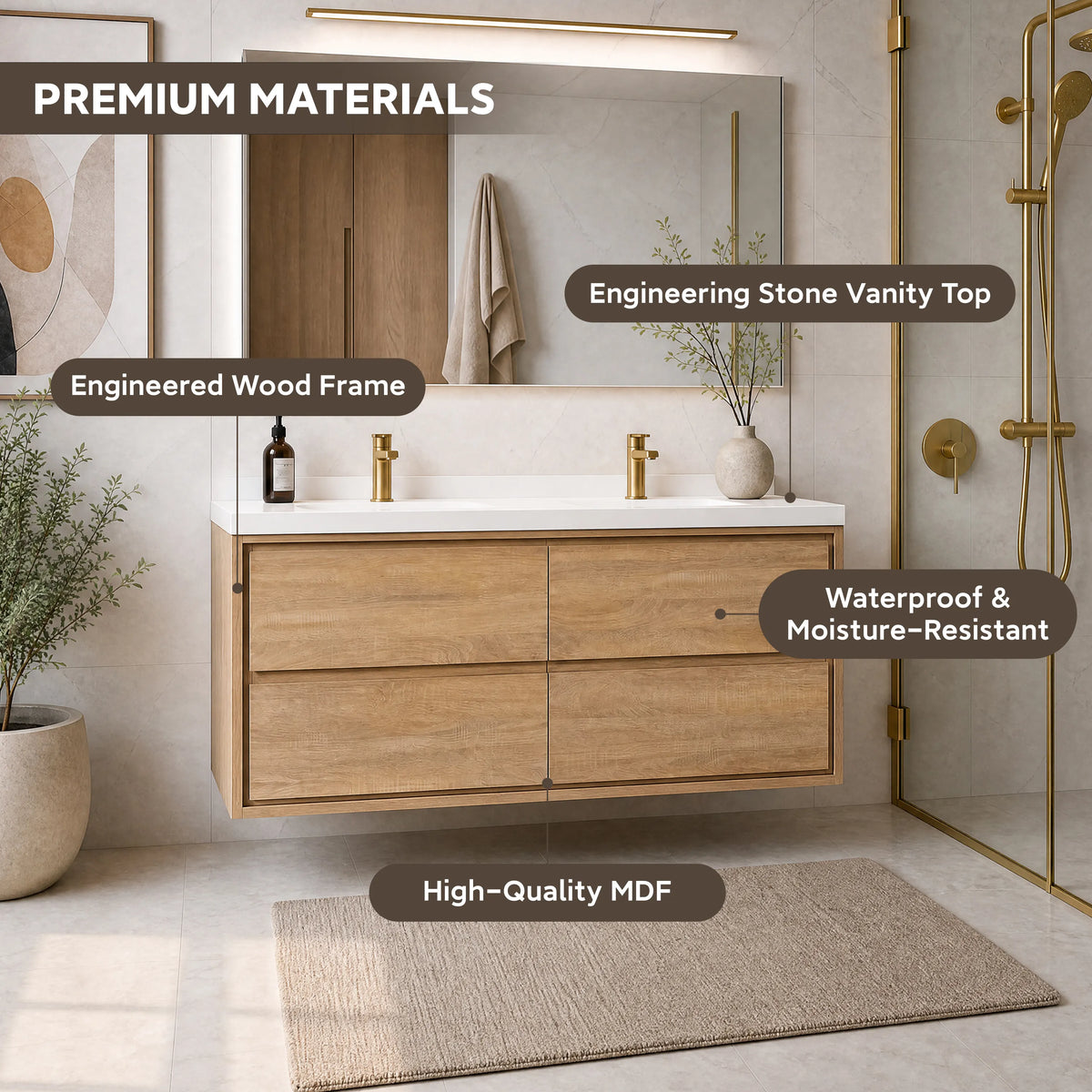 60" Wall-mount Double Sink Bathroom Vanity with Marble Top