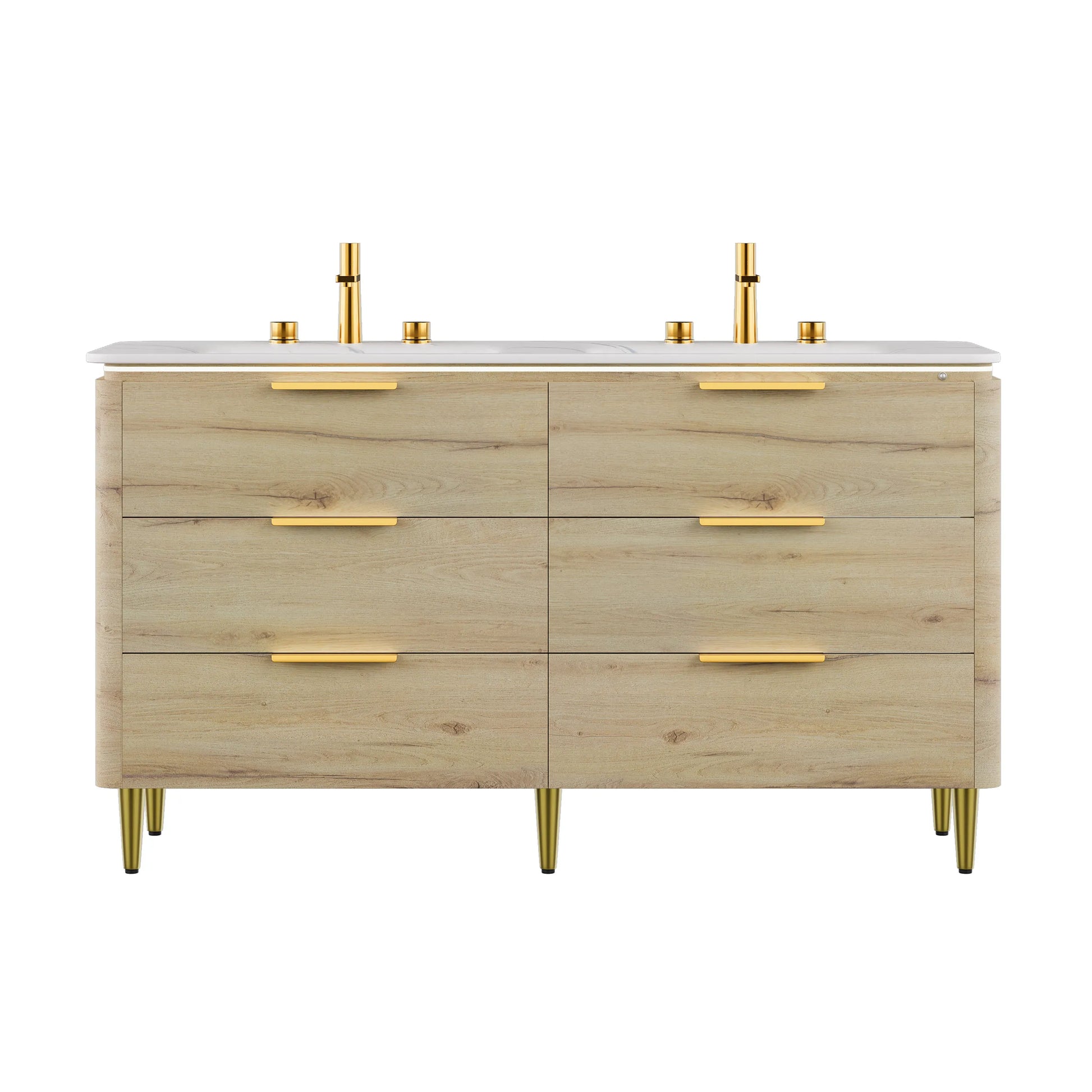 60" White Oak Freestanding Bathroom Vanity with Carrara White Sintered Stone Integrated Basin and LED Sensor Light