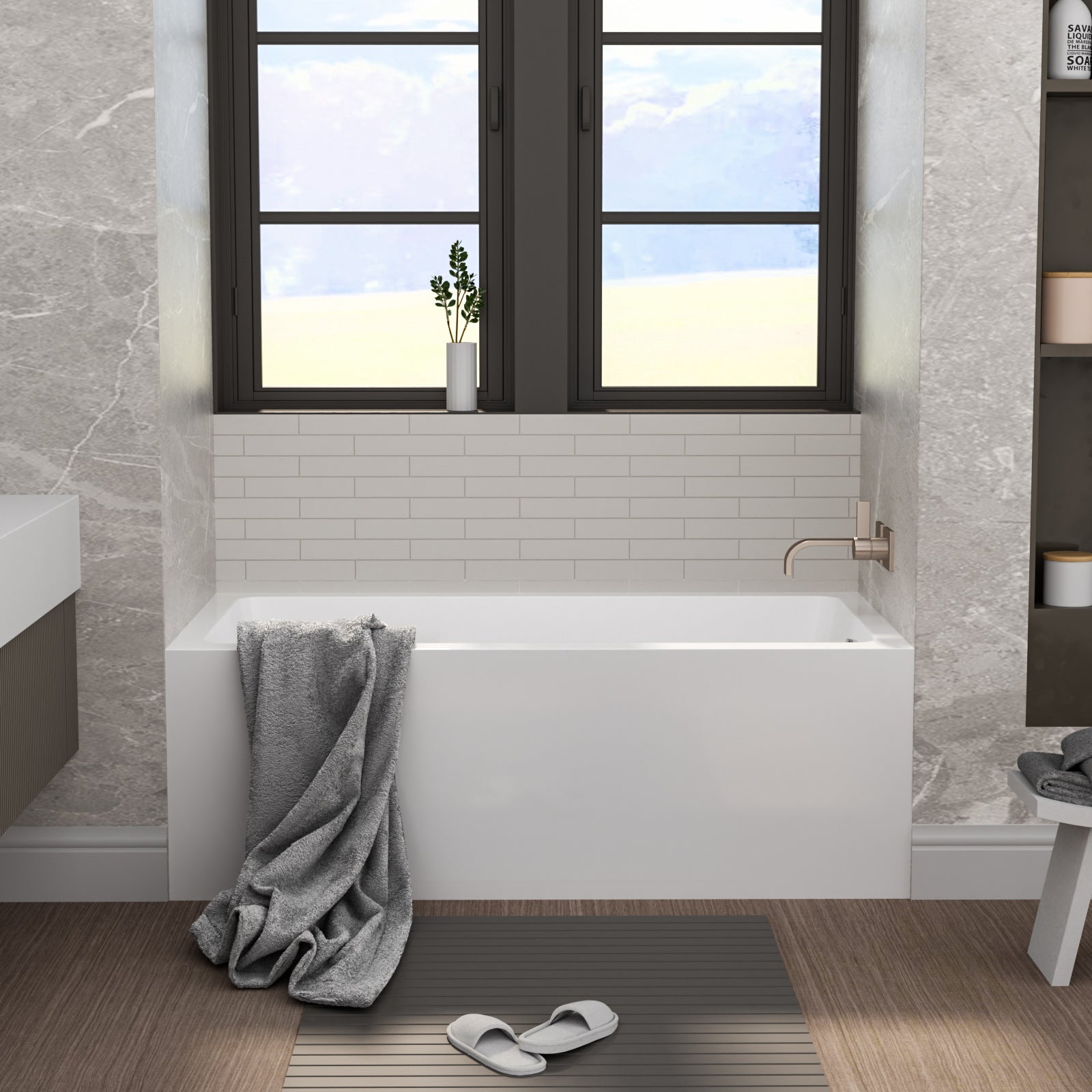 60 in. Glossy White Acrylic Alcove Soaking Bathtub with Integrated Skirt, Chrome Twist Drain and Overflow