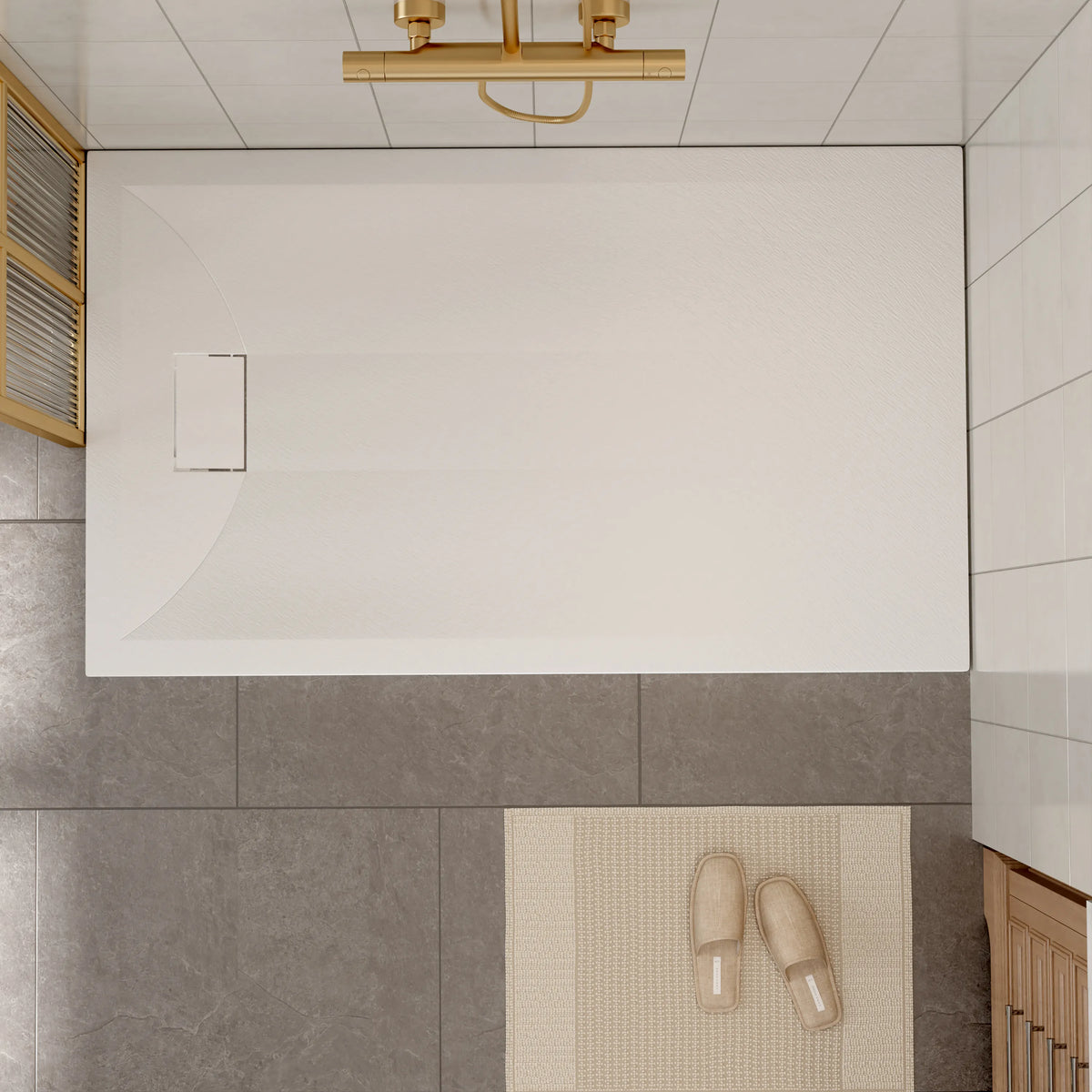 60"x32"/36" Curbless SMC Shower Base with Flamed Rock Slip-Resistant Surface, Reversible Drain
