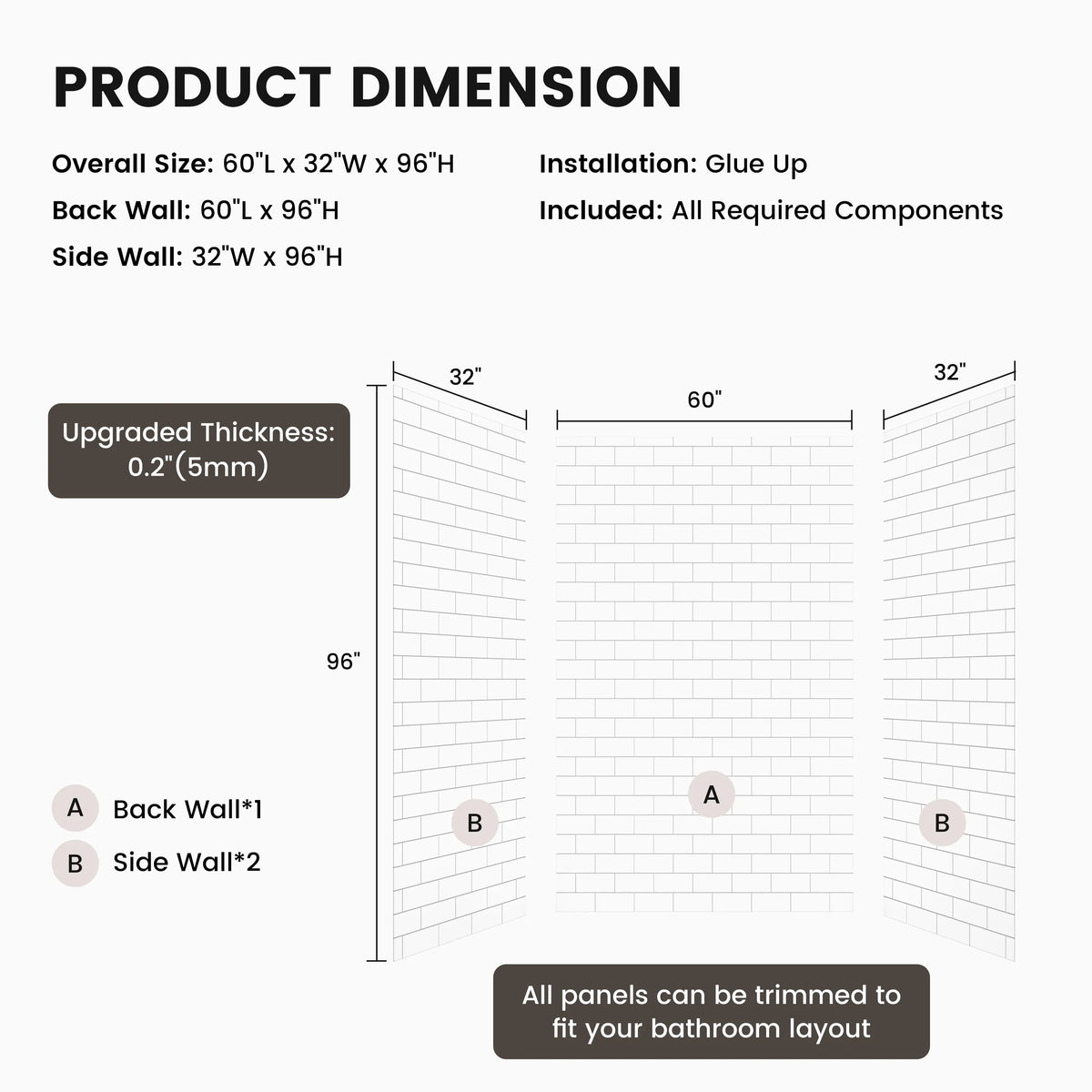 60"x32"x96" Matte/Glossy Surface SMC Shower Wall Panel Kit with Small Subway Tile Pattern