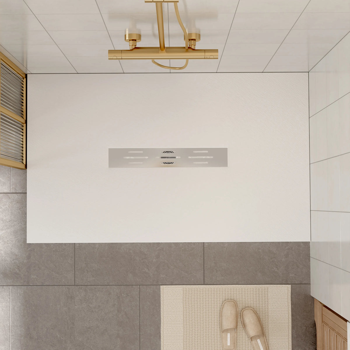 60"x36" White/Calacatta Curbless SMC Shower Base with Flamed Rock Slip-Resistant Surface, Center Drain