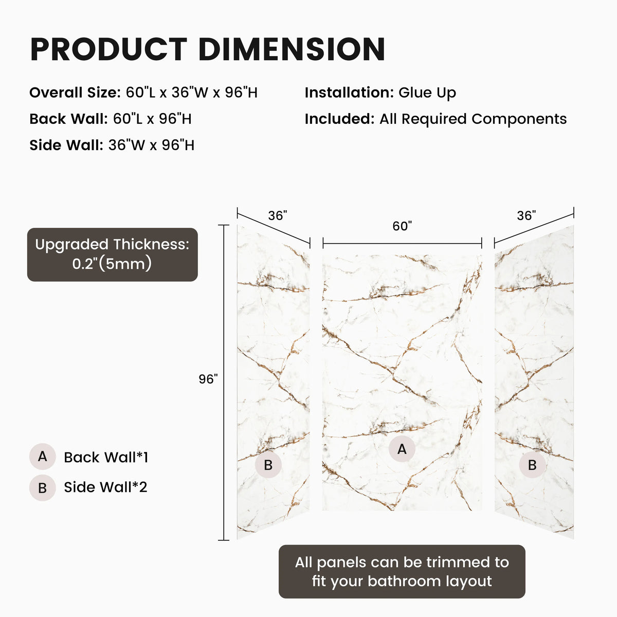 60"x36"x96" SMC Shower Wall Panels, Waterproof Grout-Free Shower Surround in 4 Finishes