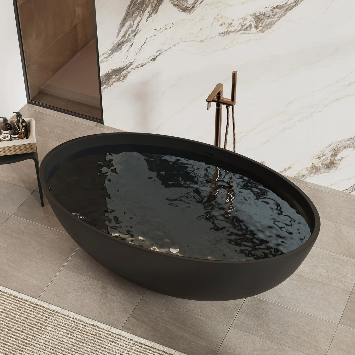 67" Matte Black Oval Solid Surface Freestanding Bathtub with Overflow and Central Drain