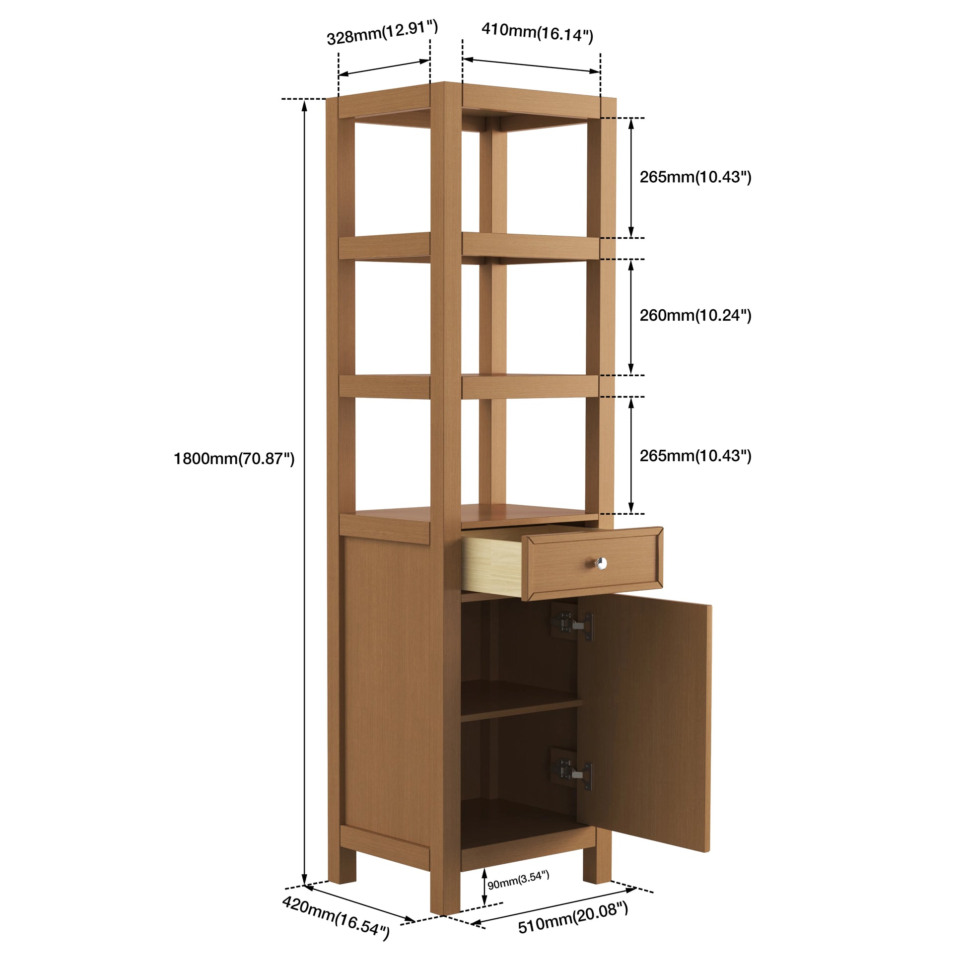 71" Height White Oak Grain Tall Bathroom Side Cabinet with Open Shelves and Drawer