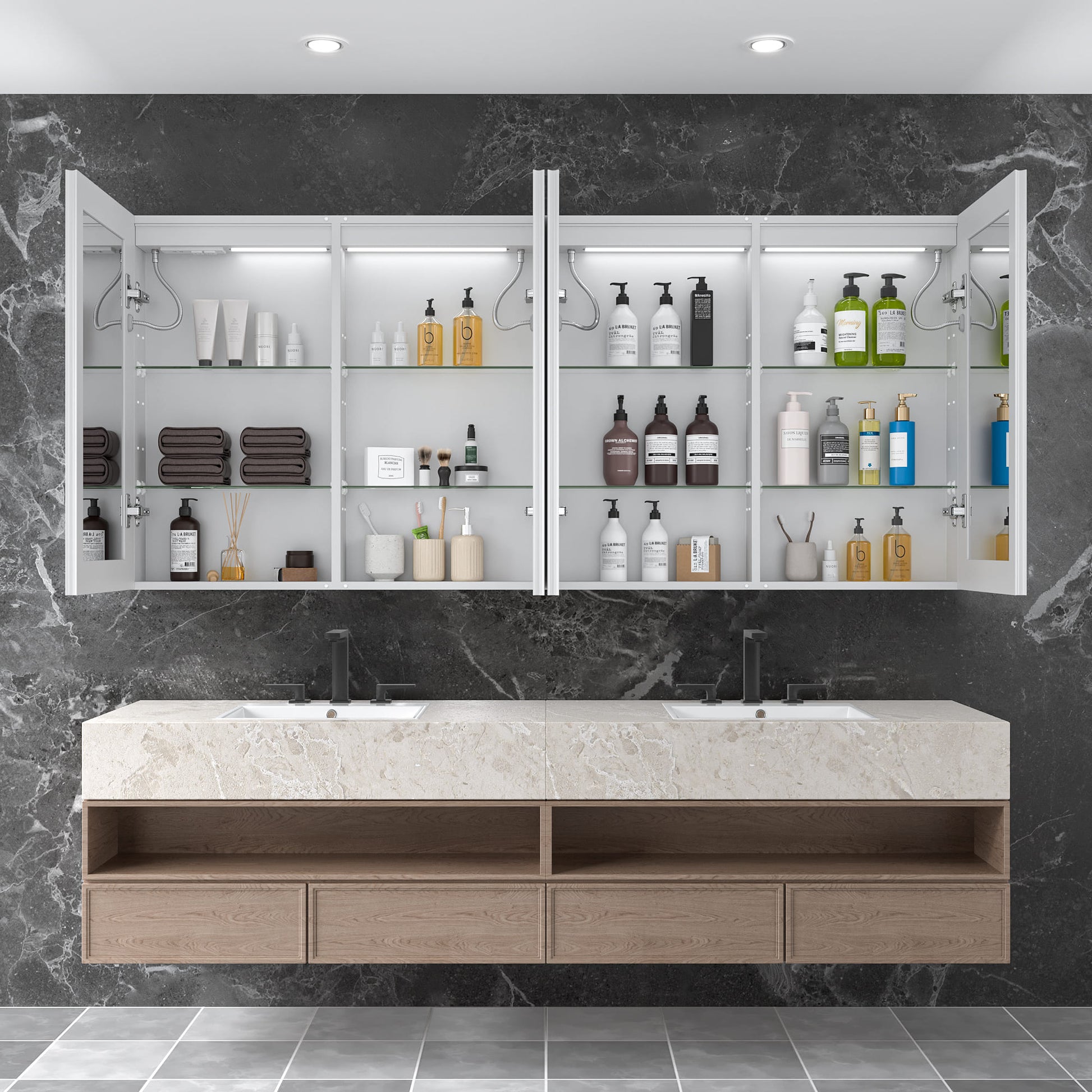 72" x 32" Aluminum Medicine Cabinet with LED Mirror, Anti-Fog, 3 Color Temperatures