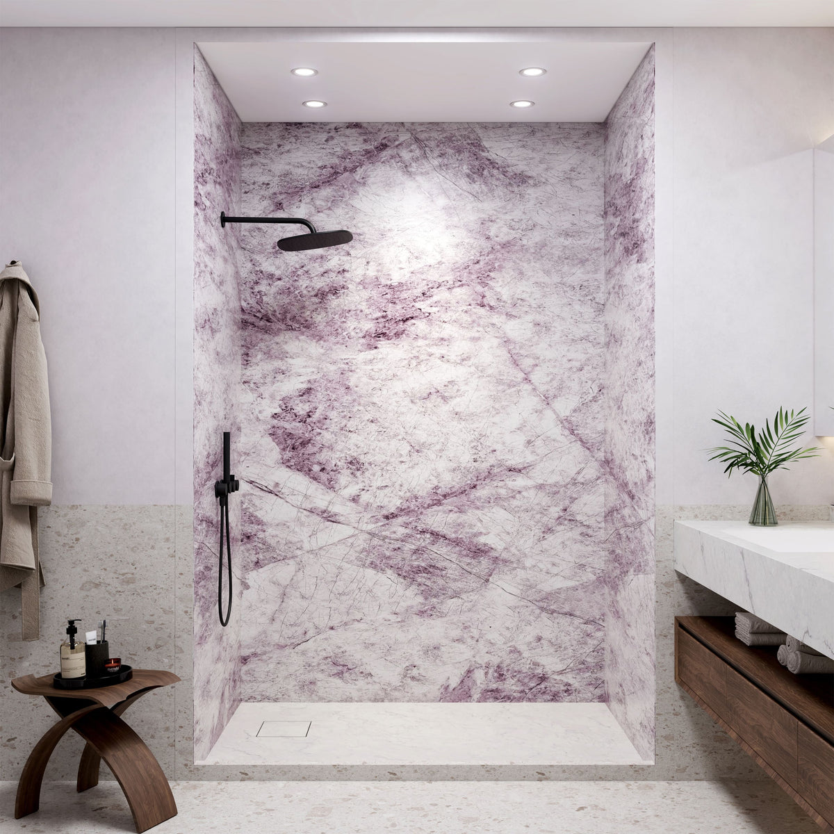 4-Piece Solid Surface Shower Wall Panels with Lavender Marble Pattern