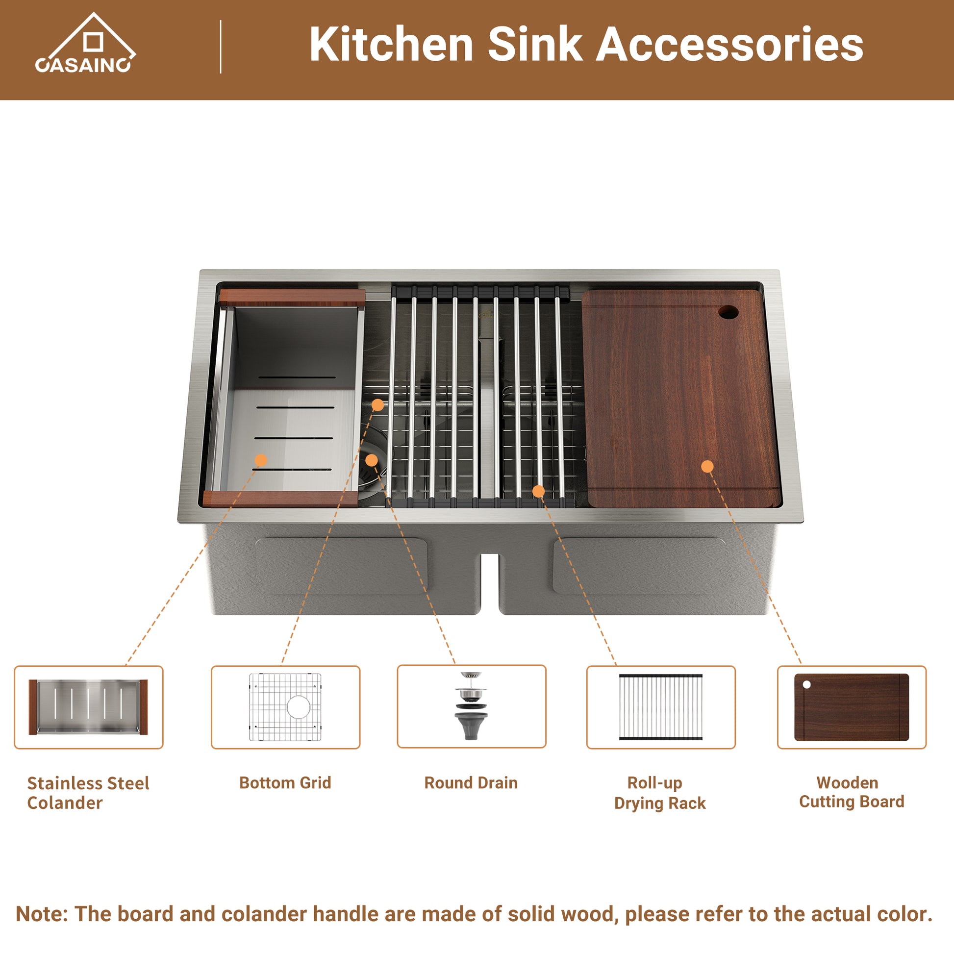 Casainc Undermount Stainless Steel 33-inch Double Bowl Kitchen Sink in Brushed