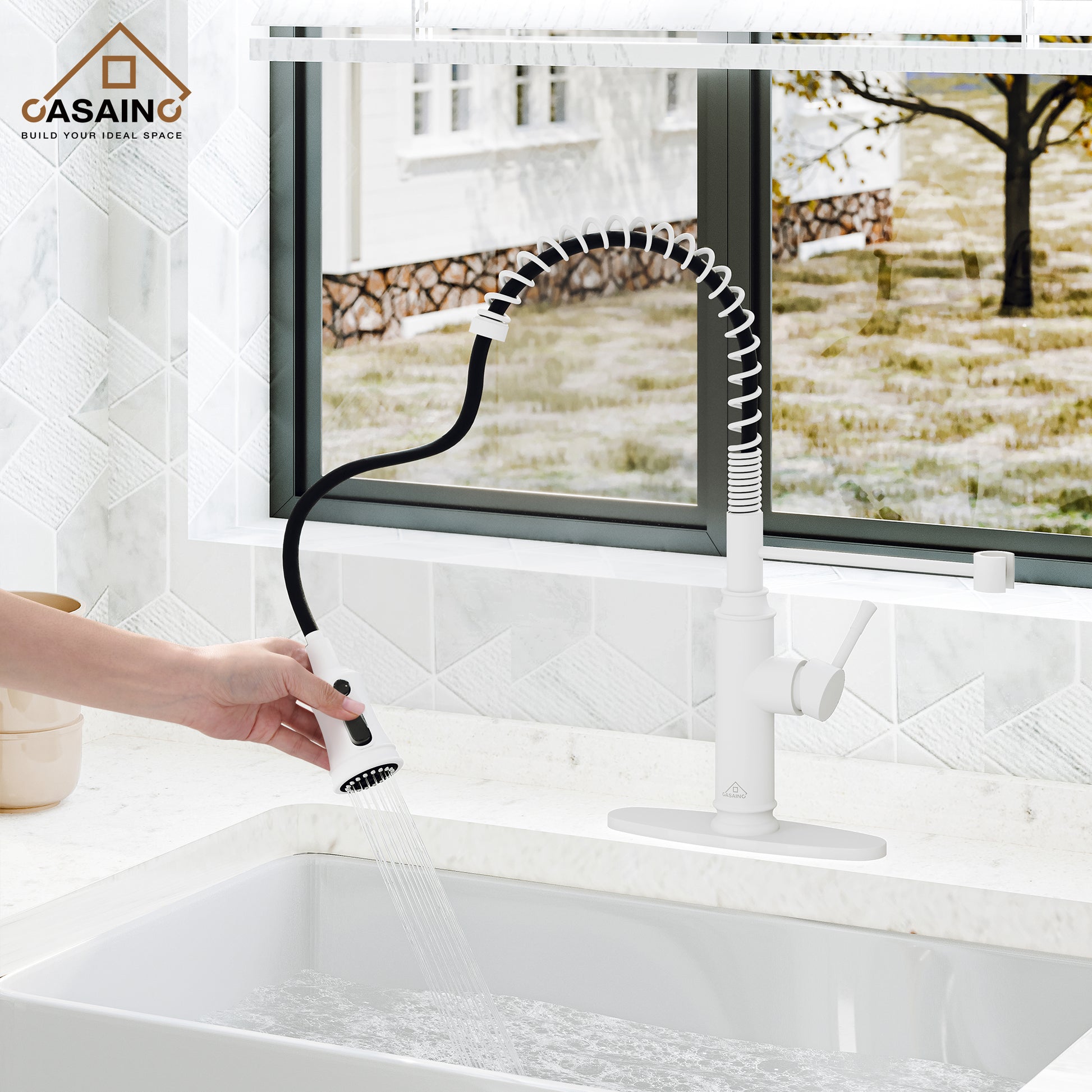 CASAINC 1.8gpm Single-Handle Spring Pull Down Sprayer Kitchen Faucet with Infrared Induction Function and Deck Plate in Matte Black/Brushed Nickel