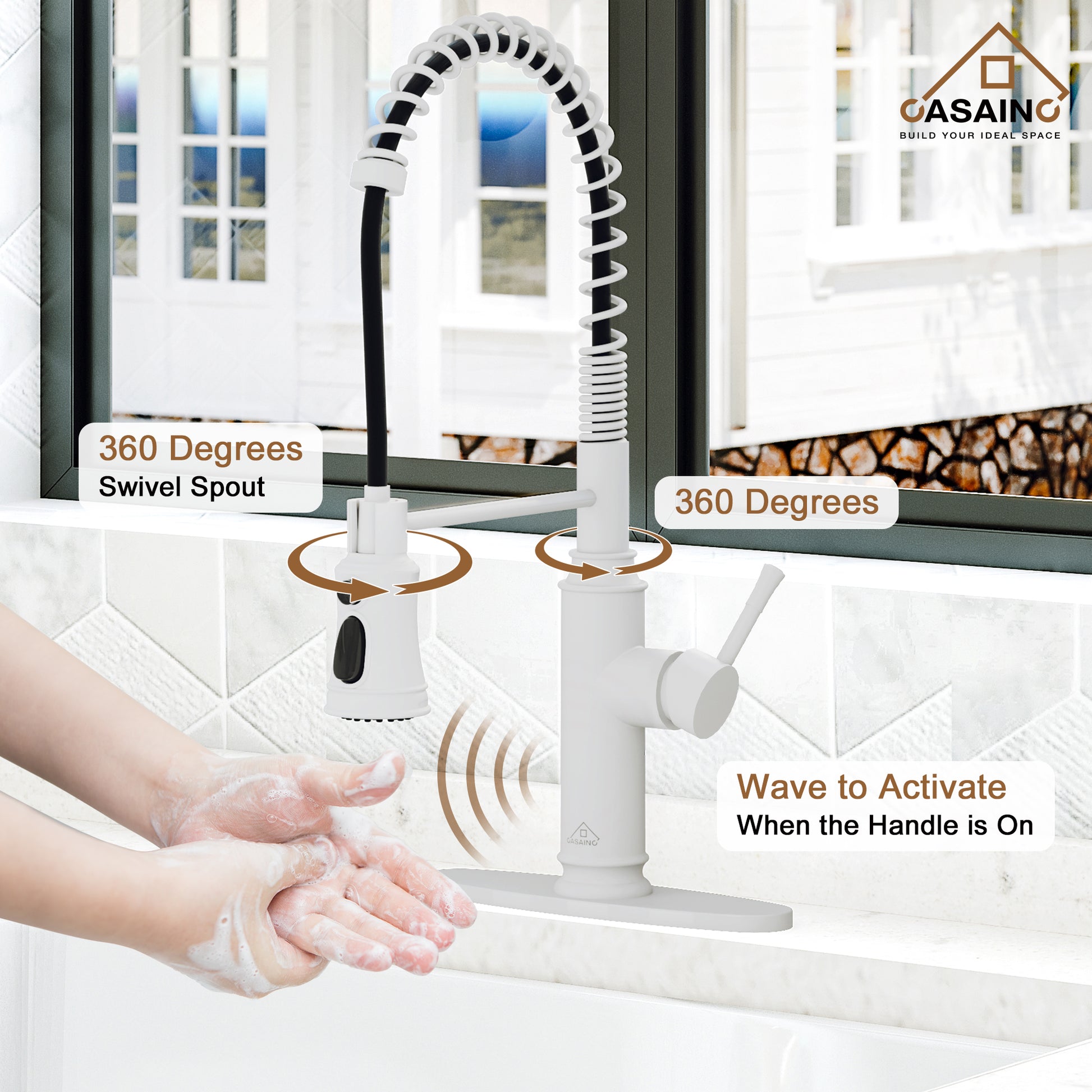 CASAINC 1.8gpm Single-Handle Spring Pull Down Sprayer Kitchen Faucet with Infrared Induction Function and Deck Plate in Matte Black/Brushed Nickel