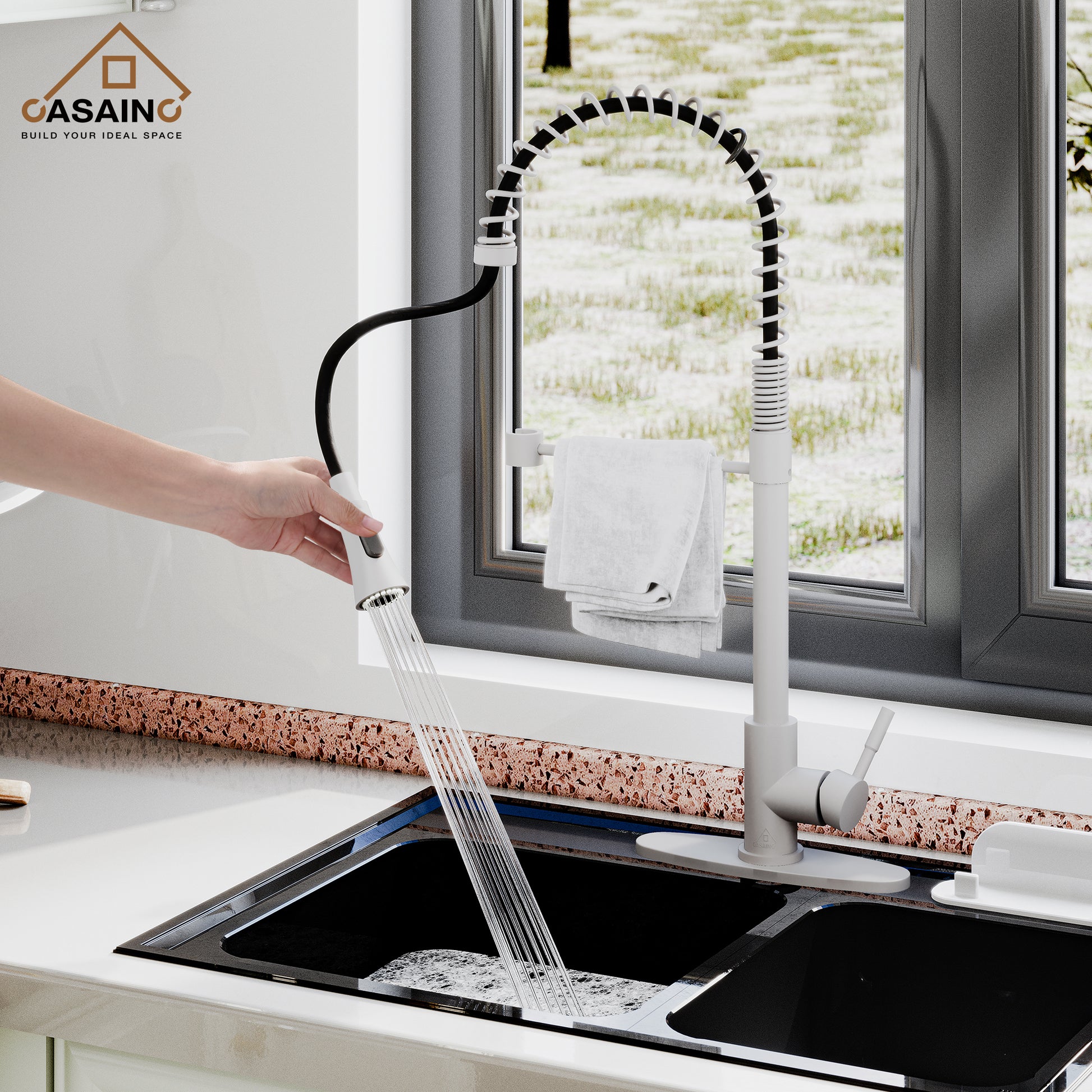 CASAINC 1.8GPM Modern Spring Pull Down Sprayer Kitchen Faucet with Dual-Function Spray Head and Deck Plate, in Brushed Nickel and More