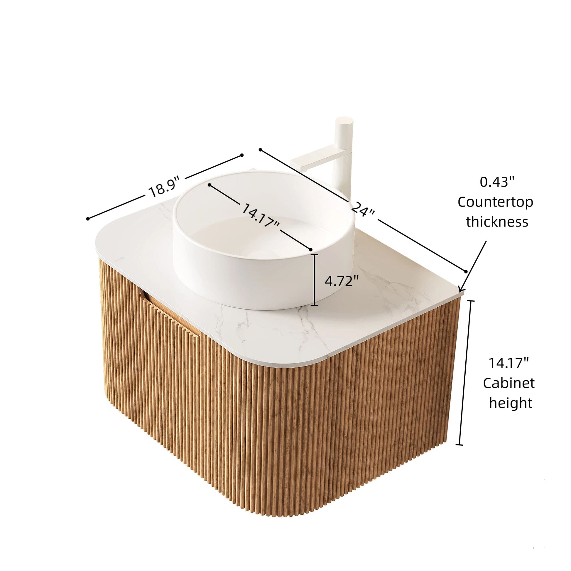 Floating Bathroom Vanity with Curved Edges, Fluted Drawer Fronts, Carrara Sintered Stone Top and Round Ceramic Vessel Sink, Natural Woodgrain / Dark Walnut