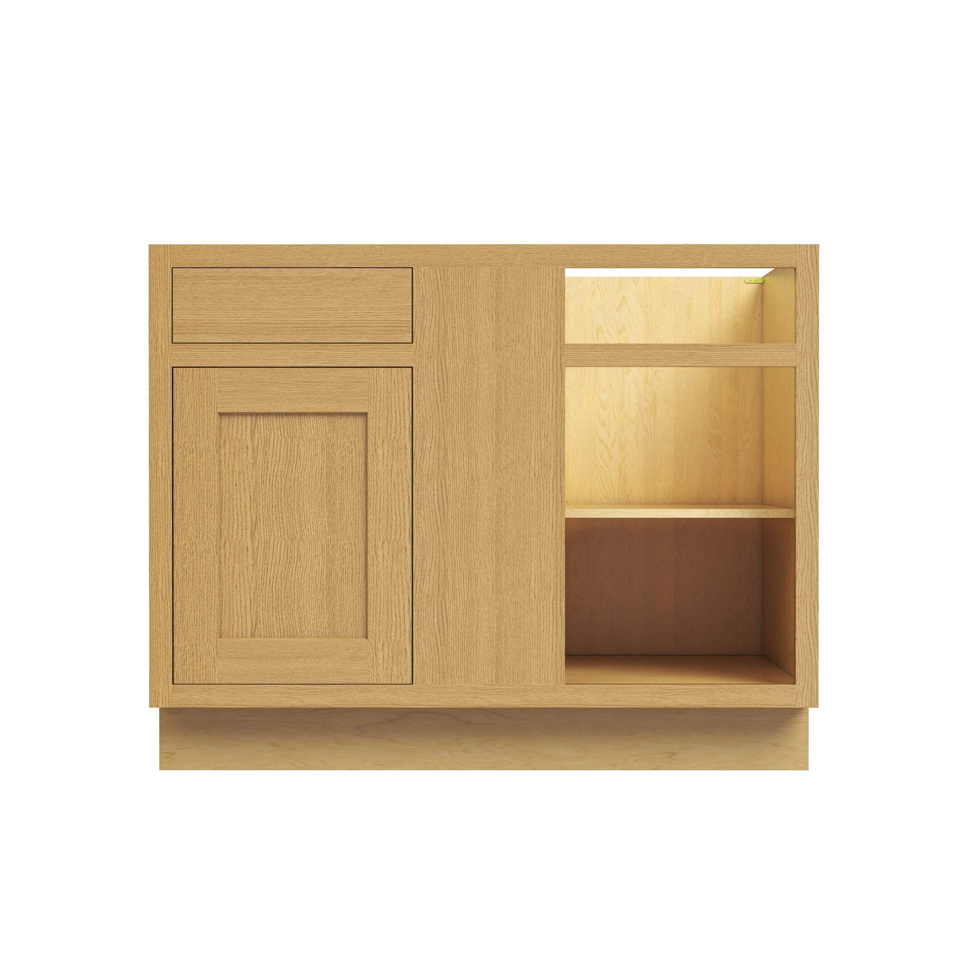 Inset Hazelnut Oak RTA 40-46"W x 34.5"H x 25"D 3-Size Blind Corner Base Cabinet with 1 Door, 1 Drawer and 1 Shelf