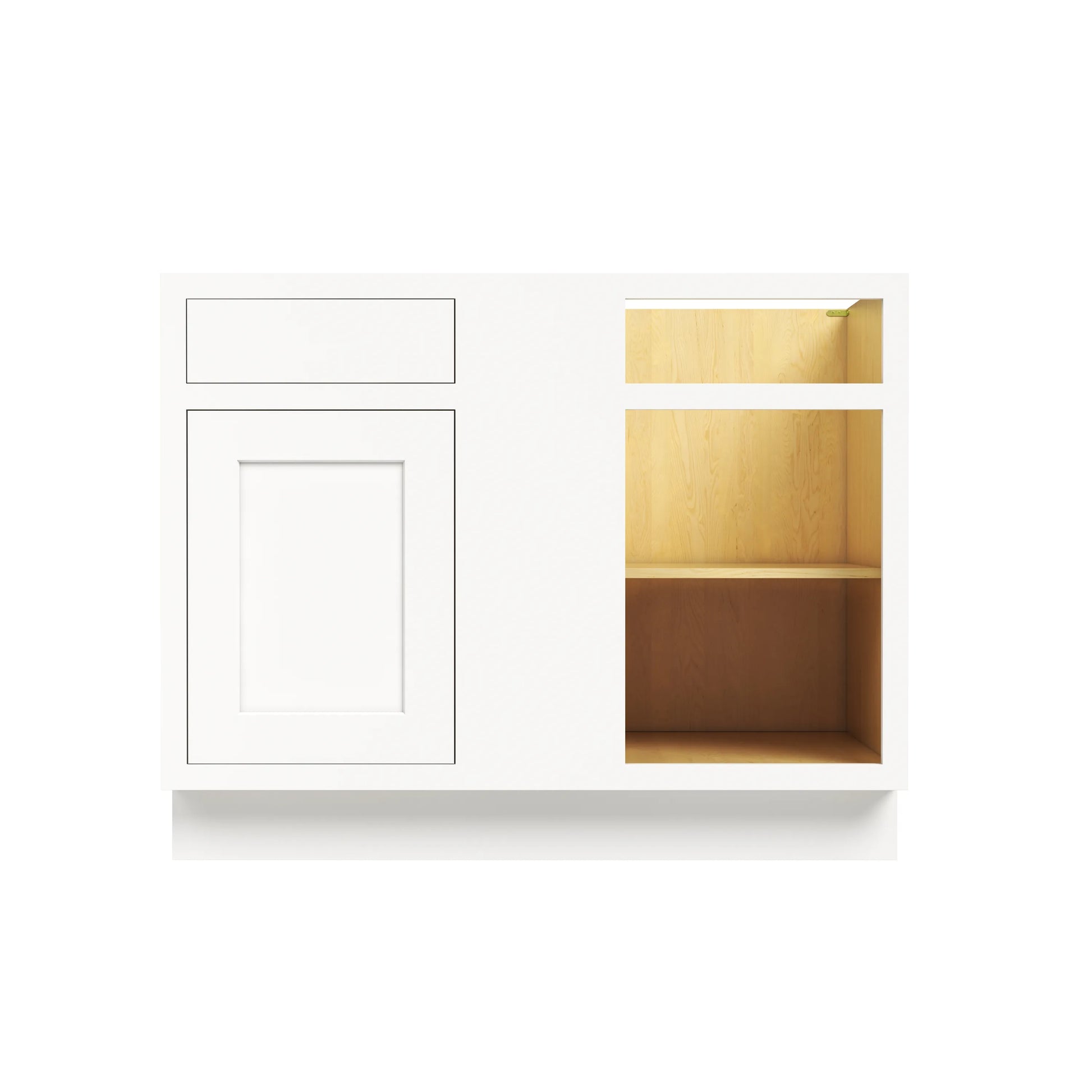 Inset Origami White RTA 40-46"W x 34.5"H x 25"D 3-Size Blind Corner Base Cabinet with 1 Door, 1 Drawer and 1 Shelf