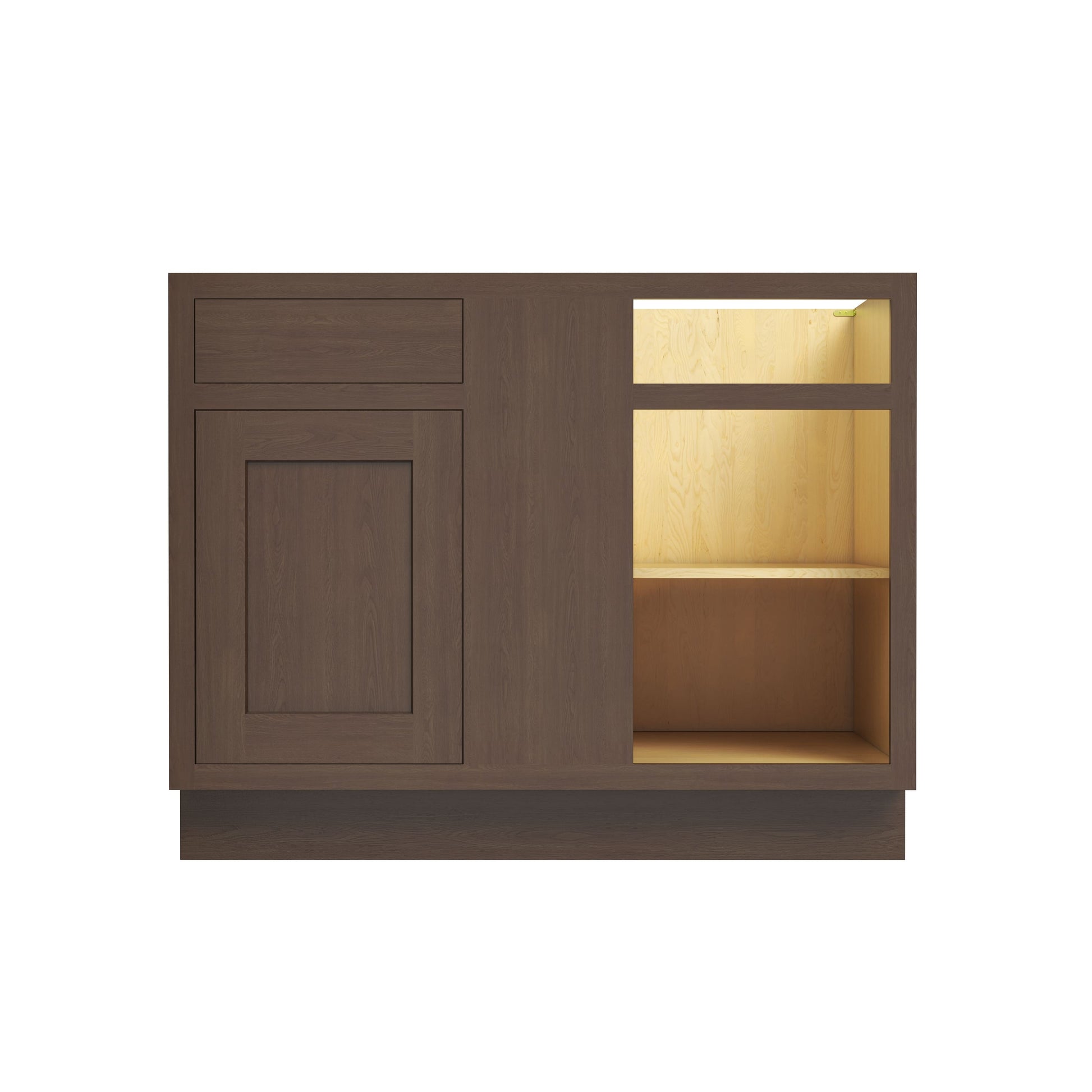 Inset Truffle Brown RTA 40-46"W x 34.5"H x 25"D 3-Size Blind Corner Base Cabinet with 1 Door, 1 Drawer and 1 Shelf