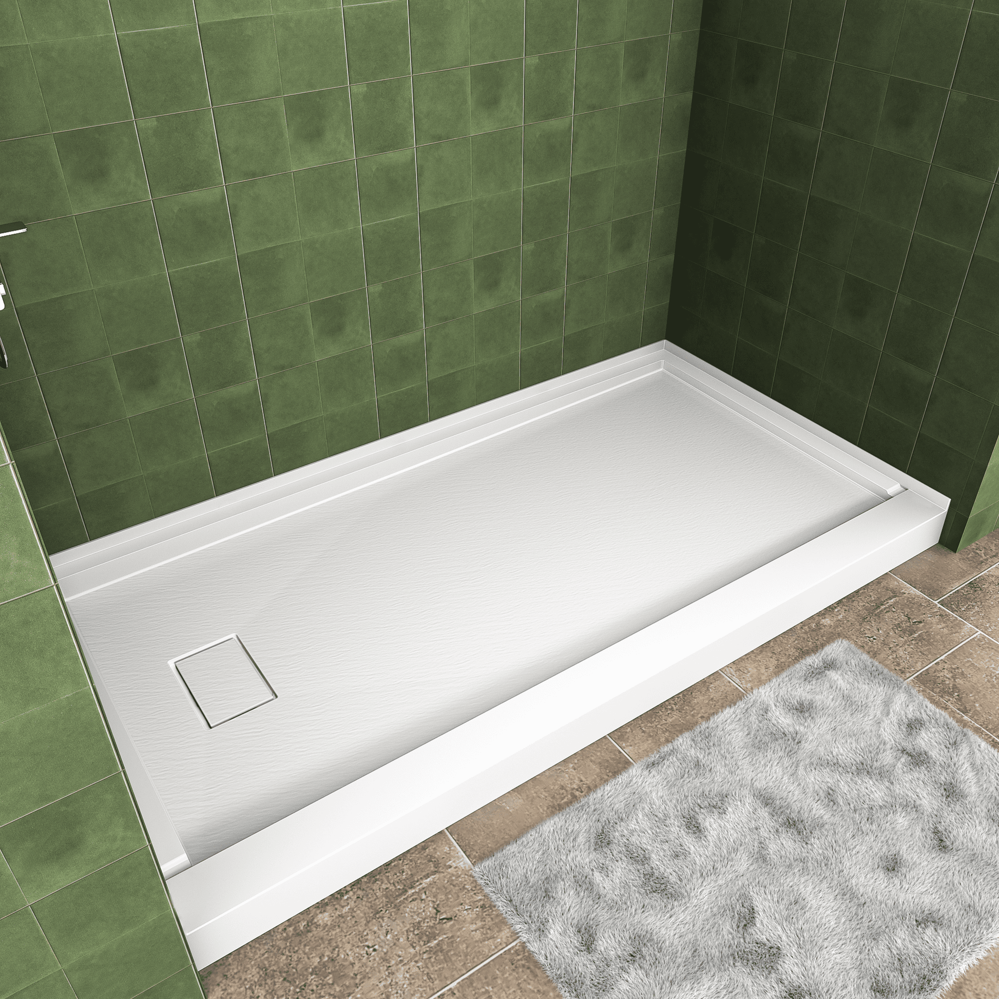 One-piece White Shower Base with Flamed Rock Slip-Resistant Surface, Left/Right Drain
