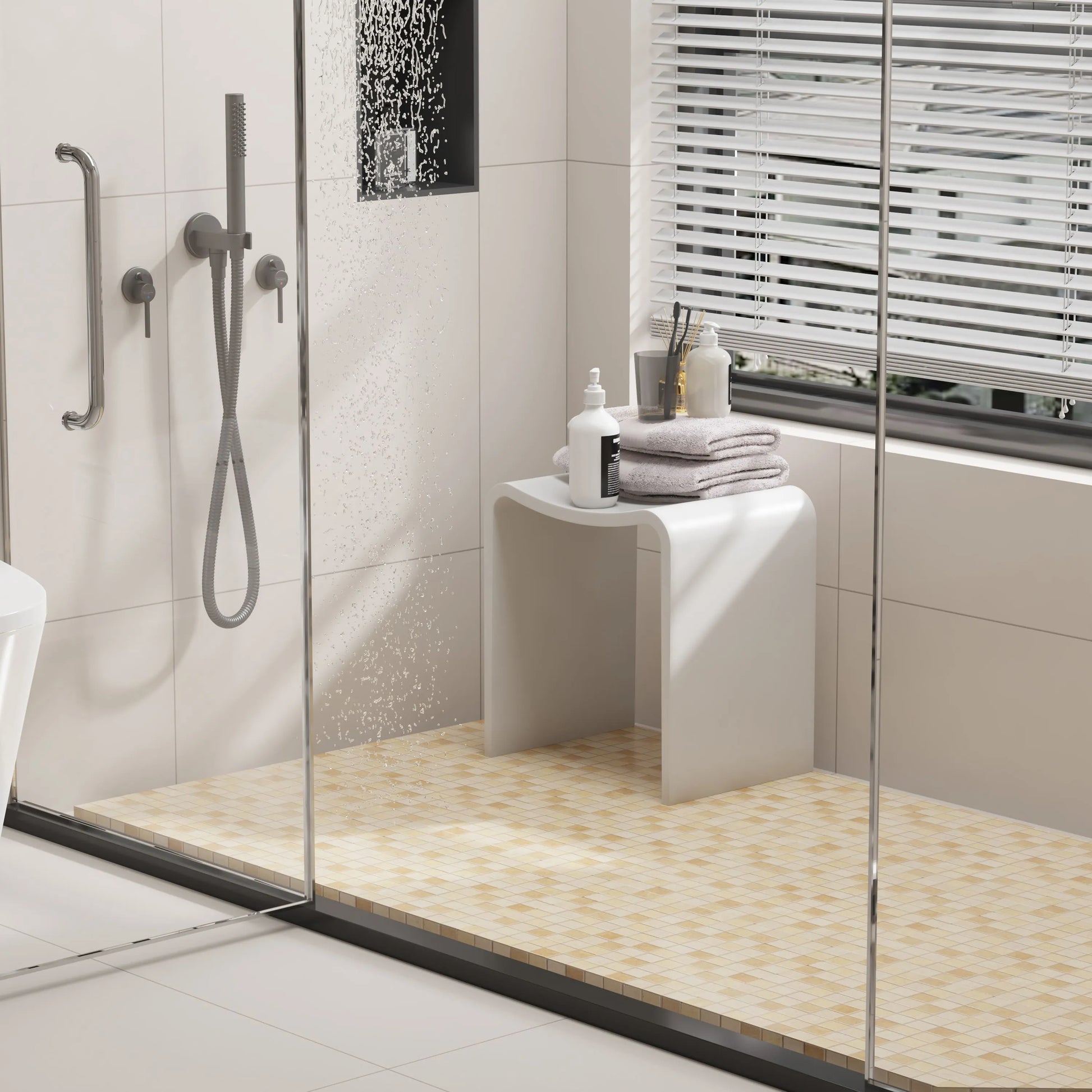Solid Surface U-Shaped Shower Stool in Matte White / Matte Black