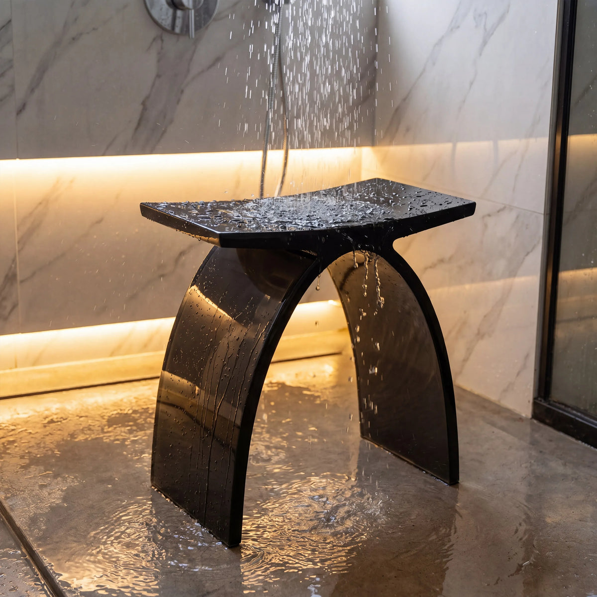 Translucent Resin Arched Solid Surface Bathroom Shower Bench in Glossy Smoke Black/Amber