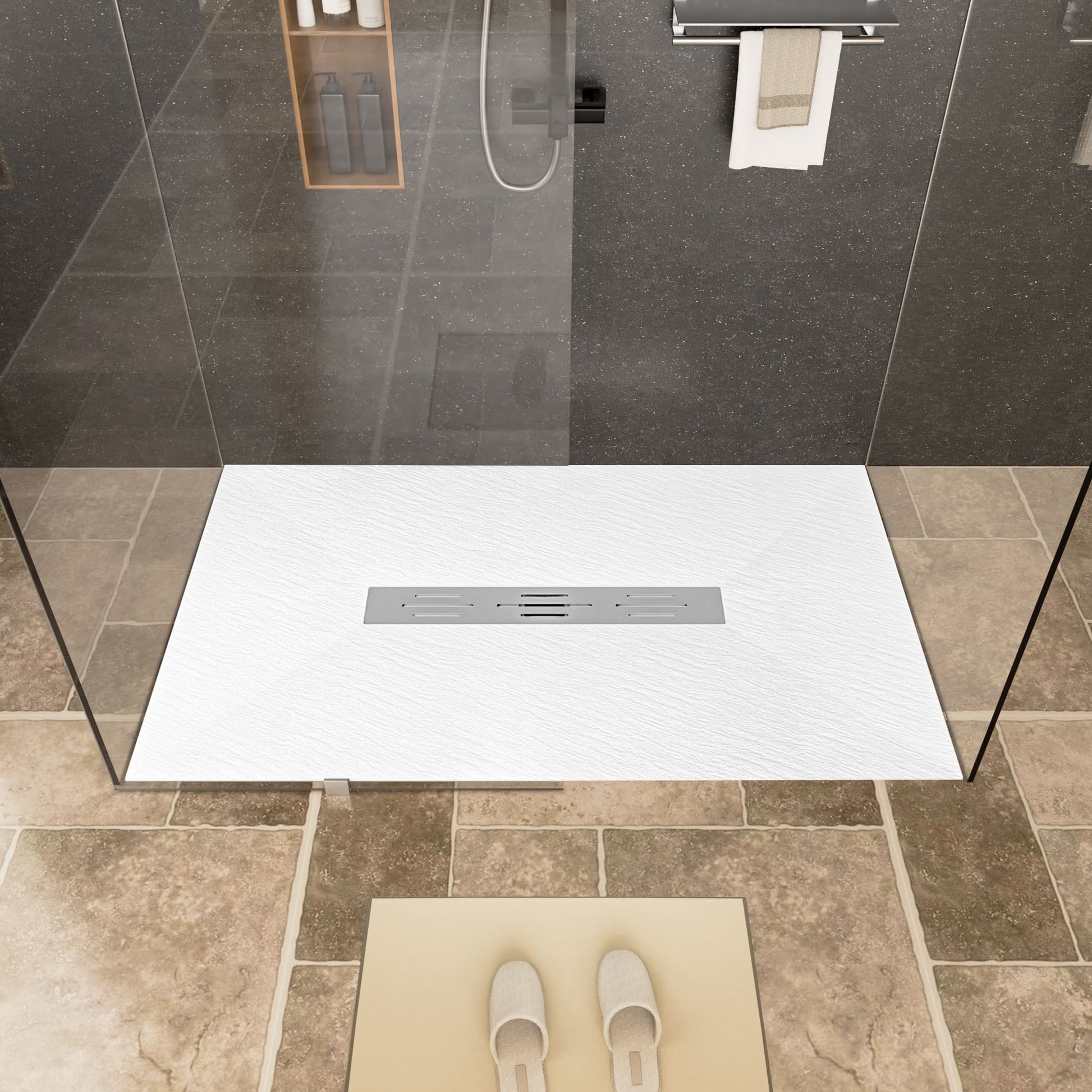 White/Calacatta Curbless SMC Shower Base with Flamed Rock Slip-Resistant Surface, Center Drain