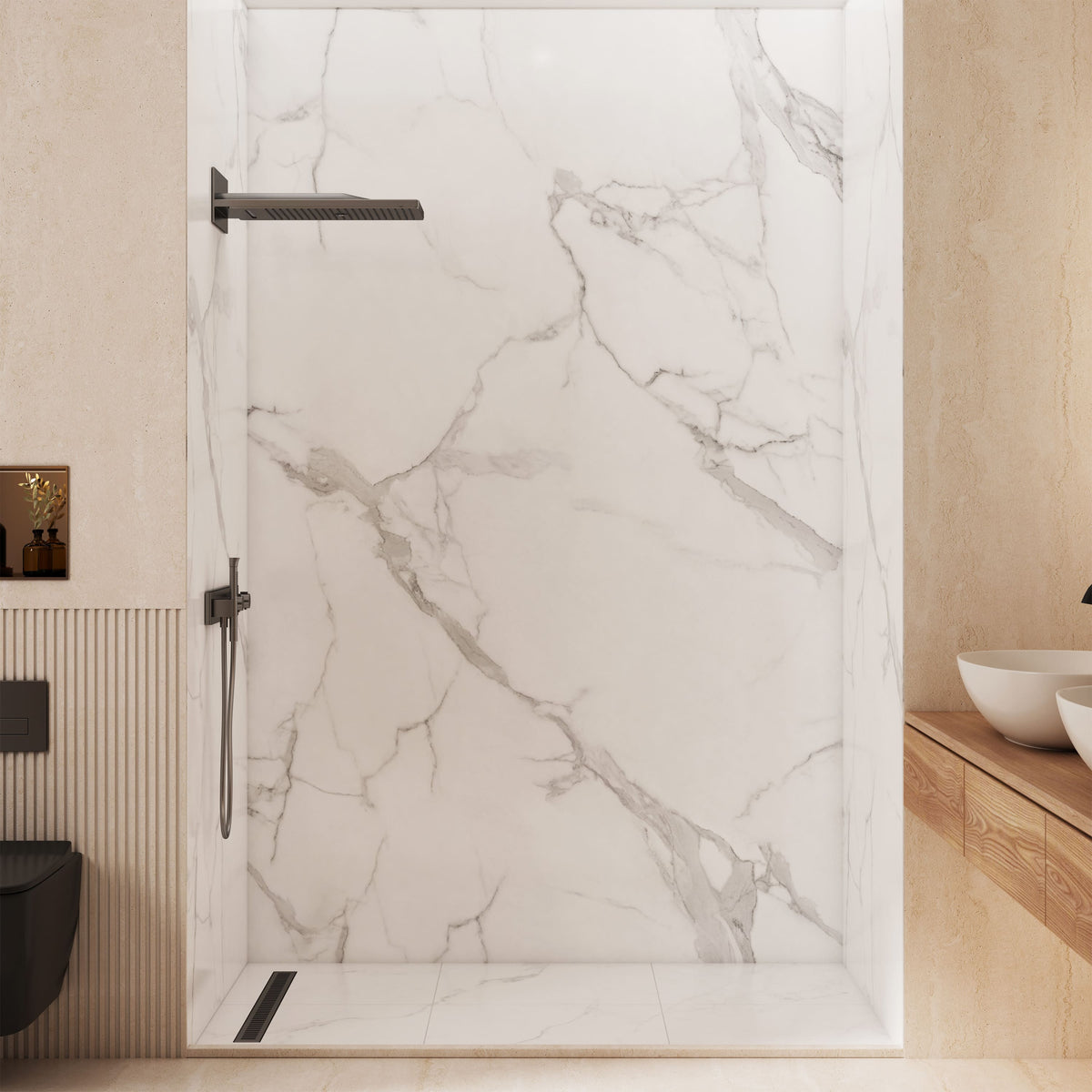 4-Piece Solid Surface Shower Wall Panels with Carrara White Marble Pattern